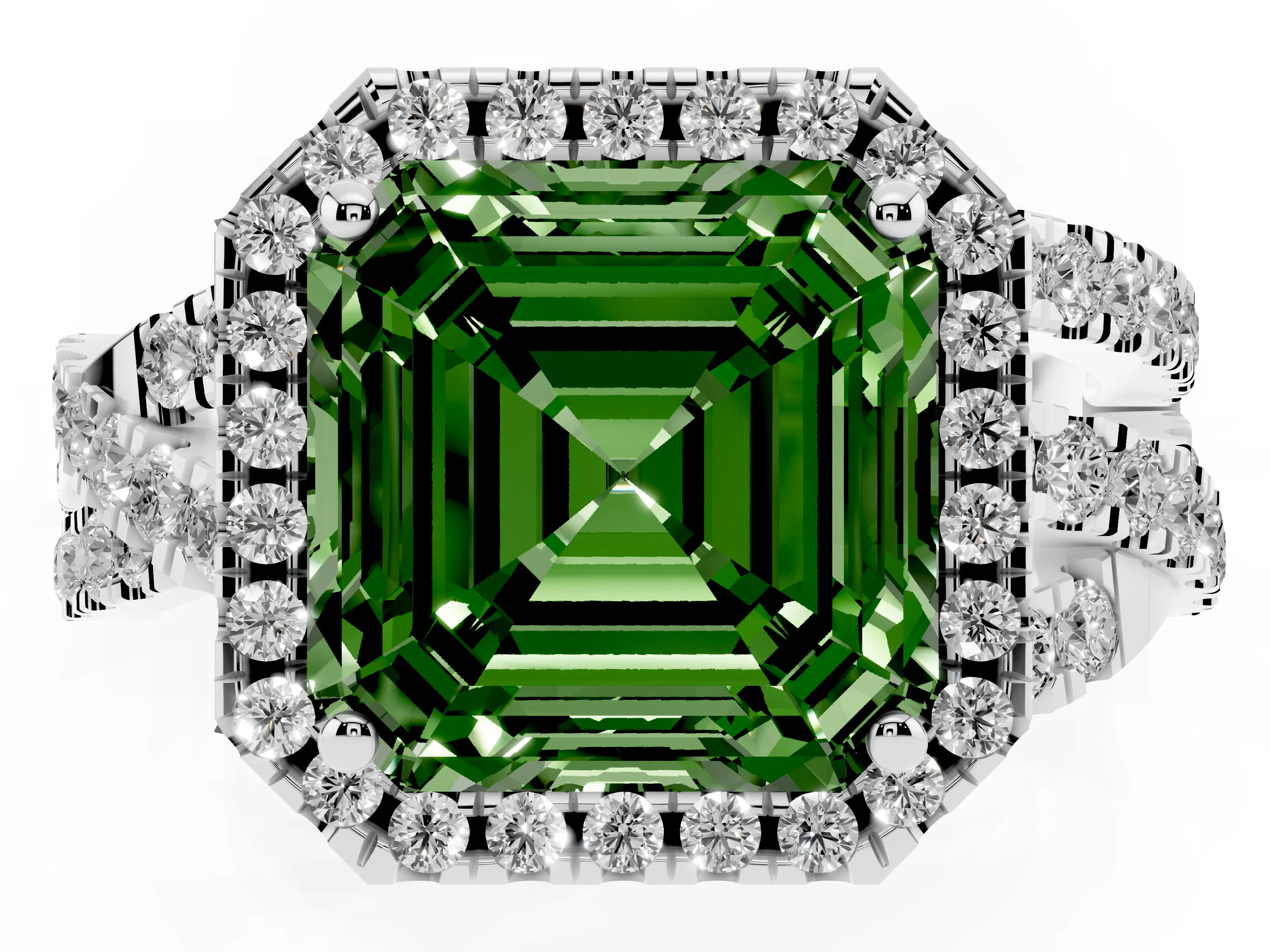 Fancy Green Asscher Cut Diamond Halo Ring Set in White gold with Round Crossover Split Shank and Prong Setting