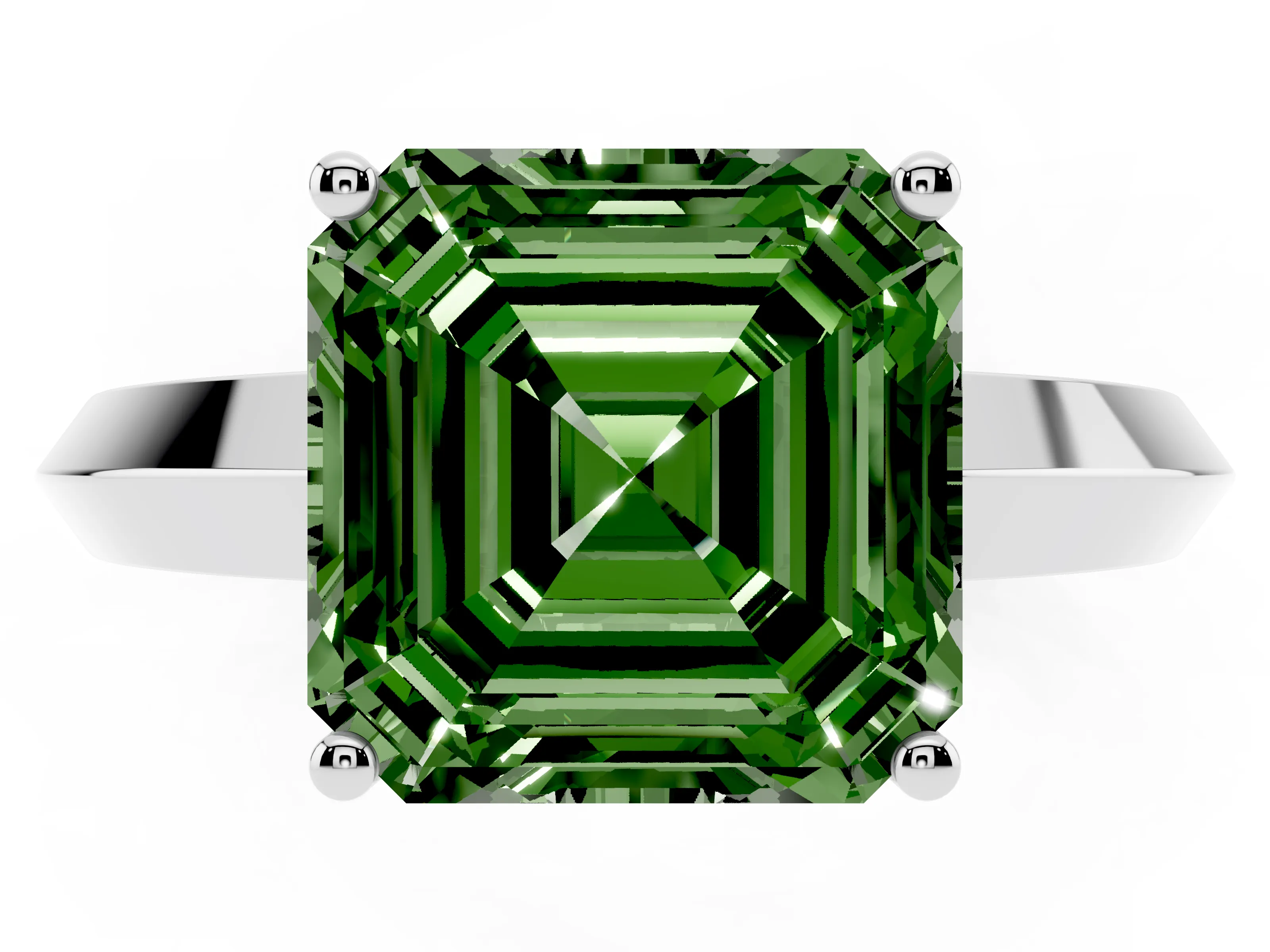 Fancy Green Asscher Cut Diamond Solitaire Engagement Ring Set in Platinum with Flat Band and Prong Setting