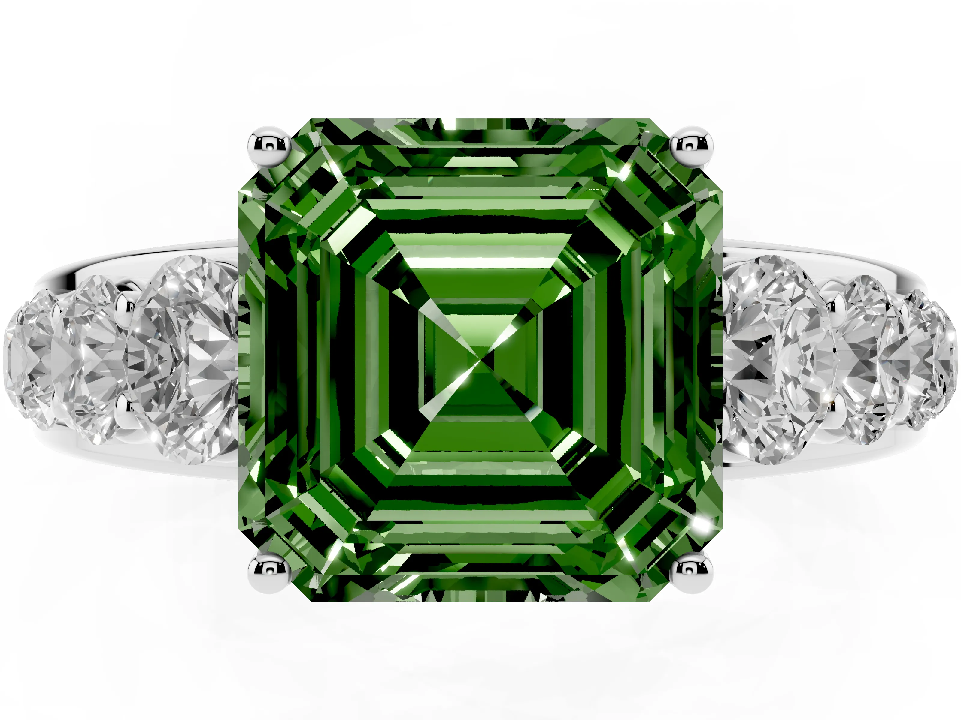 Fancy Green Asscher Cut Diamond Solitaire Ring Set in Silver with Pavé-Set Band and Prong Setting