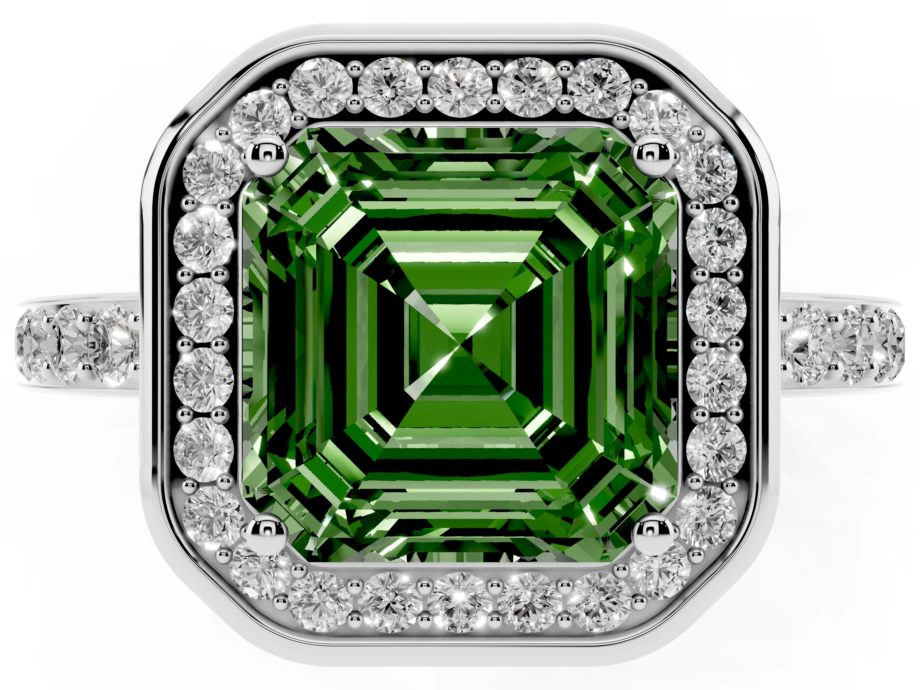 Fancy Green Asscher Cut Diamond Halo Ring Set in Platinum with Bezel Frame and Pavé Band