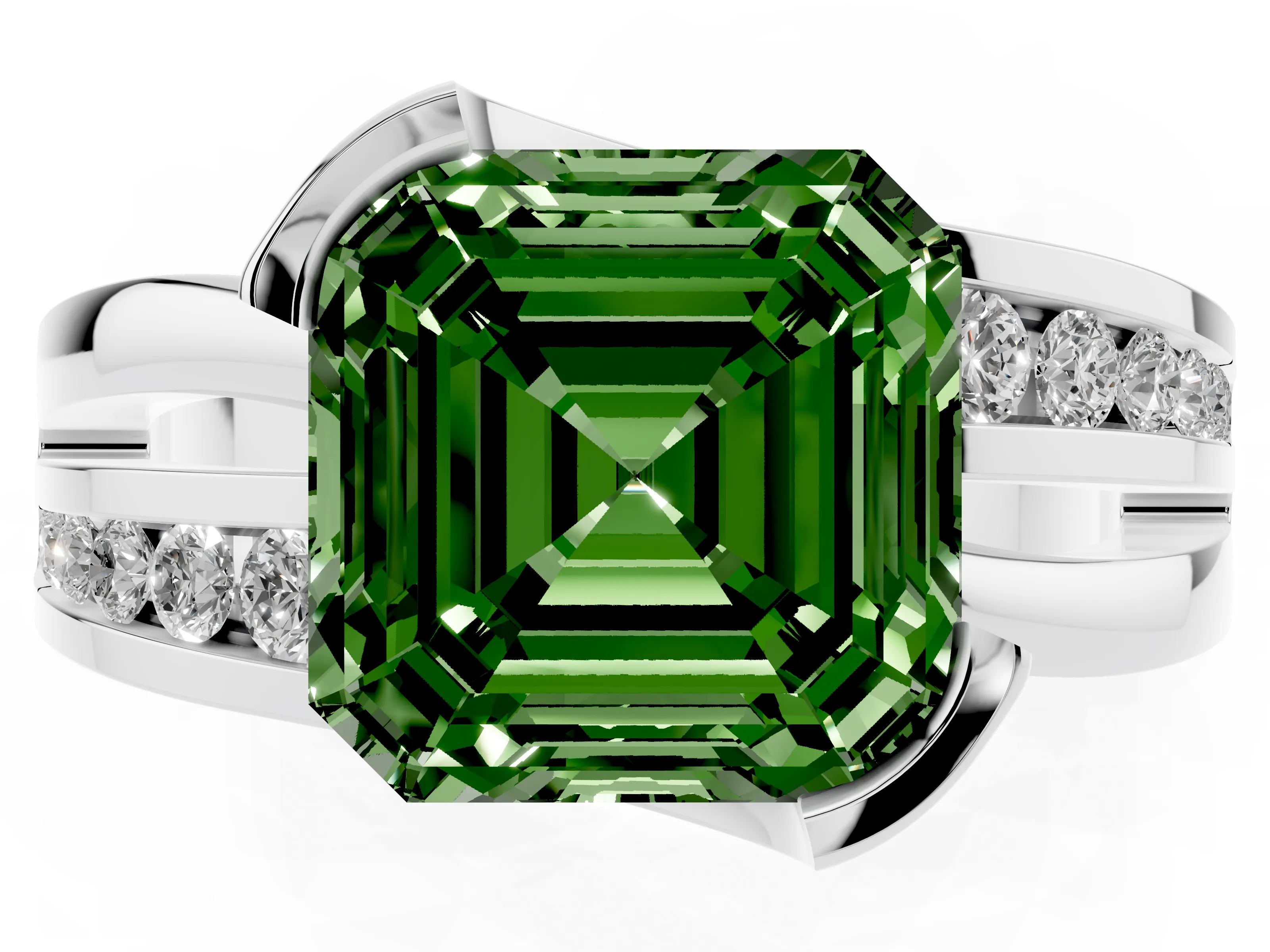 Fancy Green Asscher Cut Diamond Solitaire Ring Set in Platinum with Channel Set Split Shank and Tension Prongs