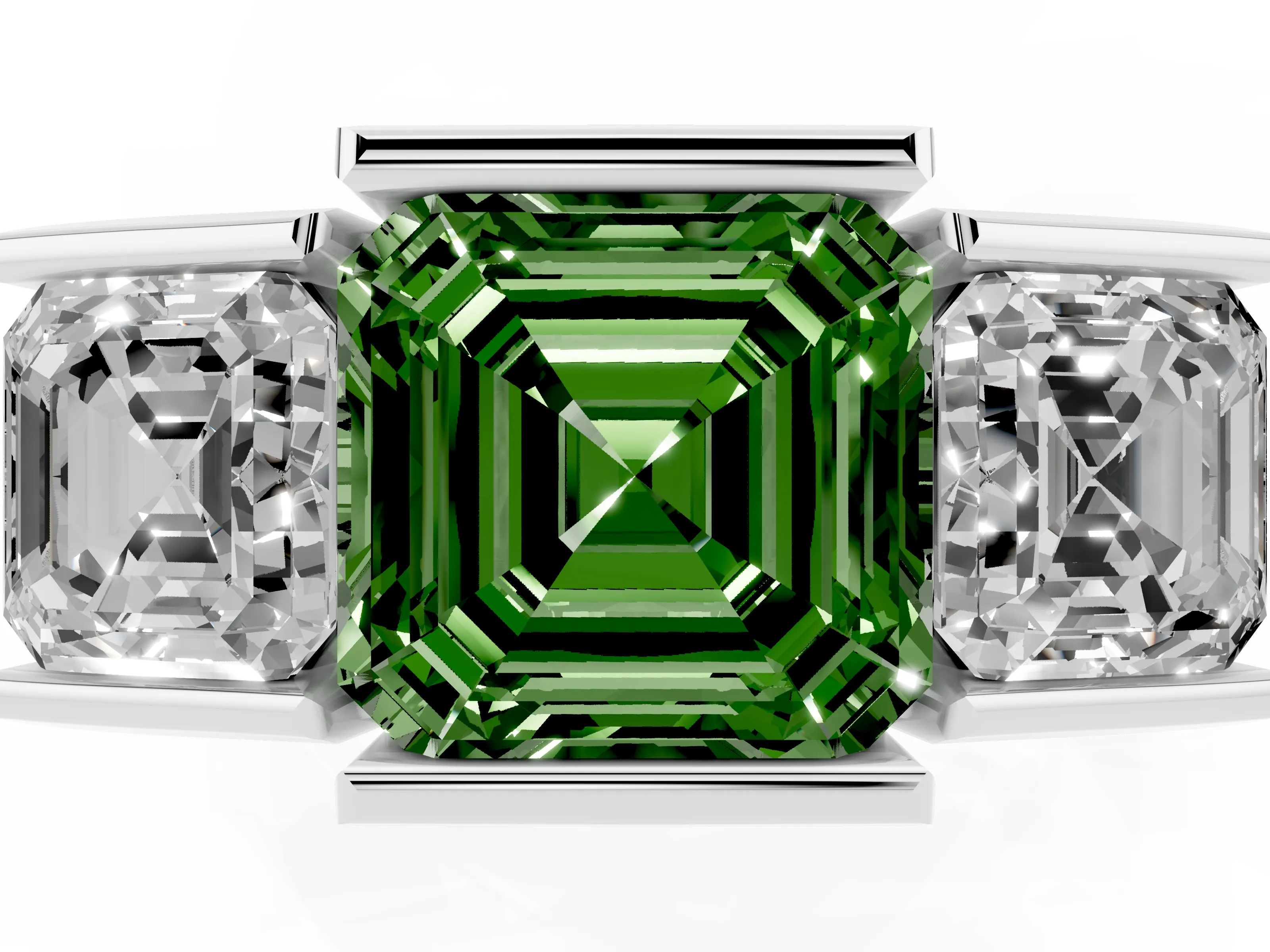 Fancy Green Asscher Cut Diamond Three-Stone Channel Set Ring Set in White gold with Smooth Polished Band