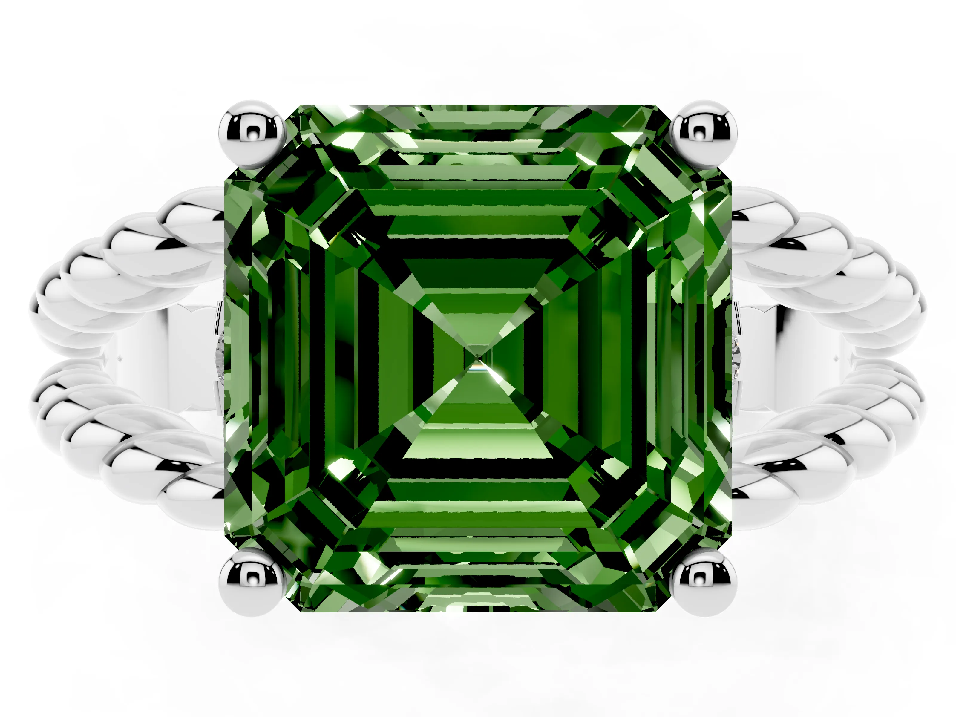 Fancy Green Asscher Cut Diamond Halo Ring Set in Silver with Twisted Band and Prong Setting