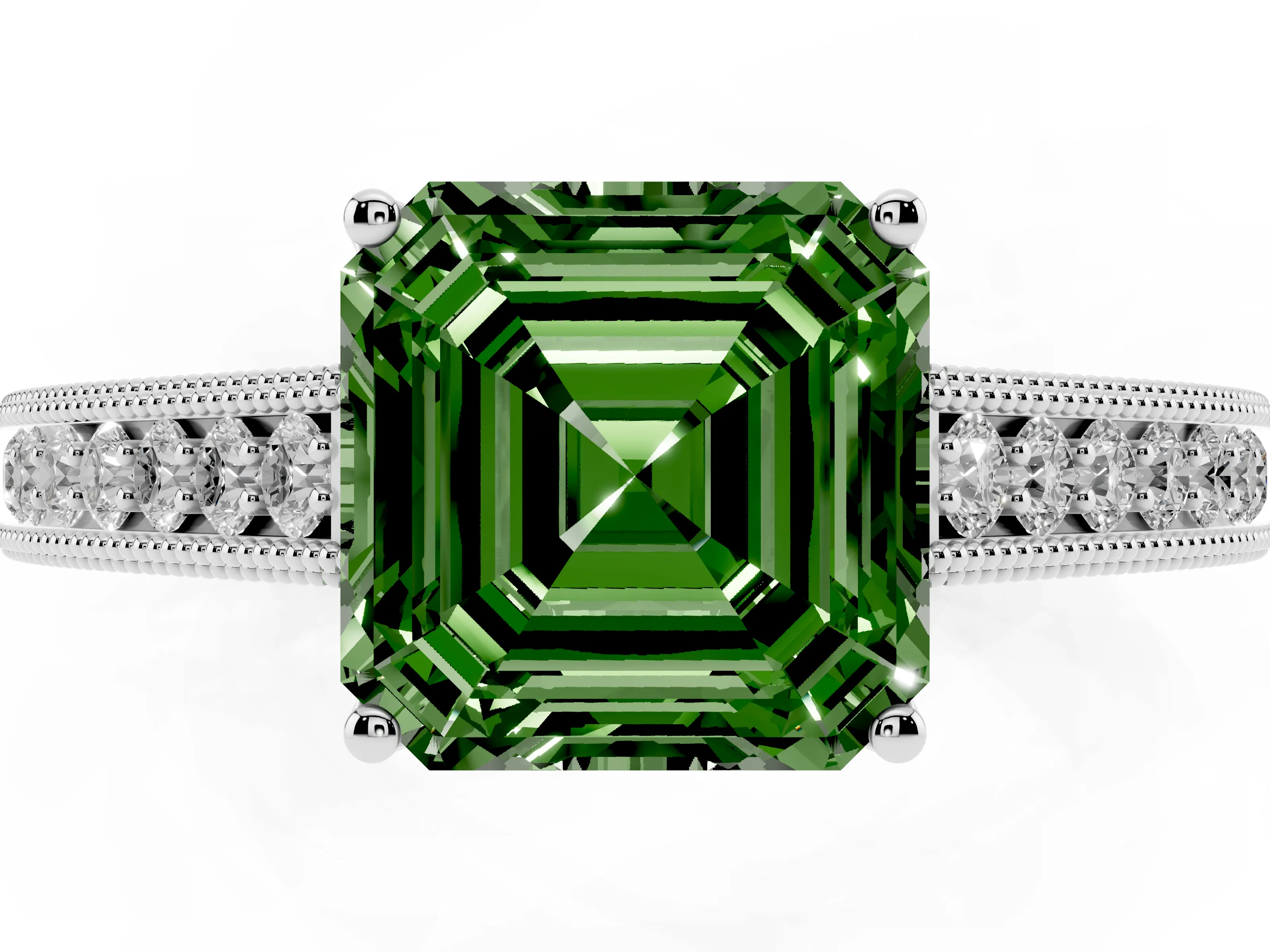 Fancy Green Asscher Cut Diamond Milgrain Pavé Band Solitaire Ring Set in Platinum with Prong Setting