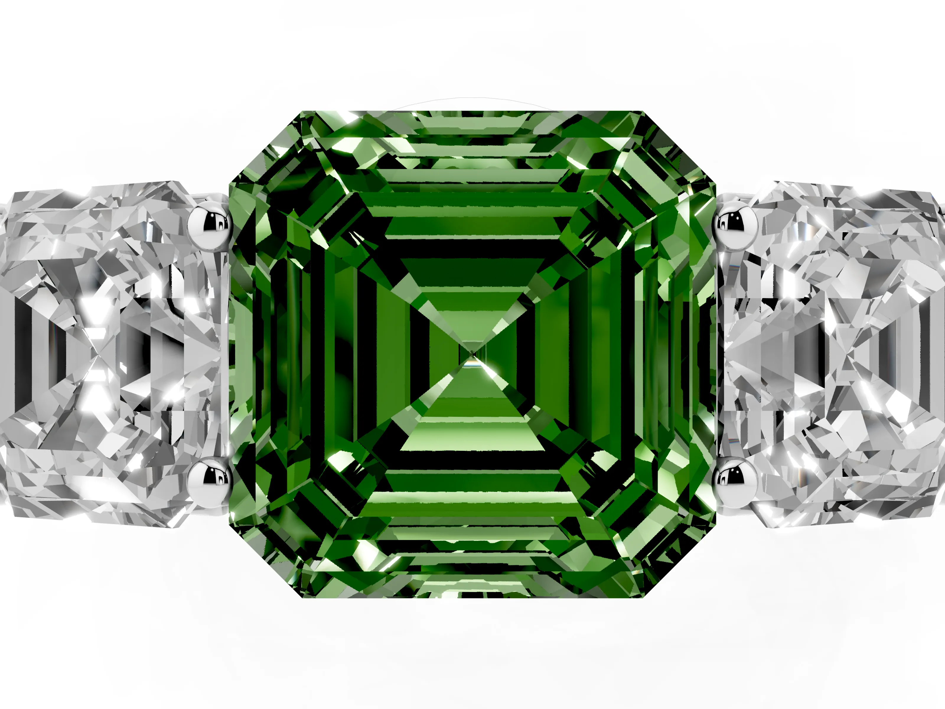 Fancy Green Asscher Cut Diamond Three-Stone Ring Set in White gold with Plain Polished Band