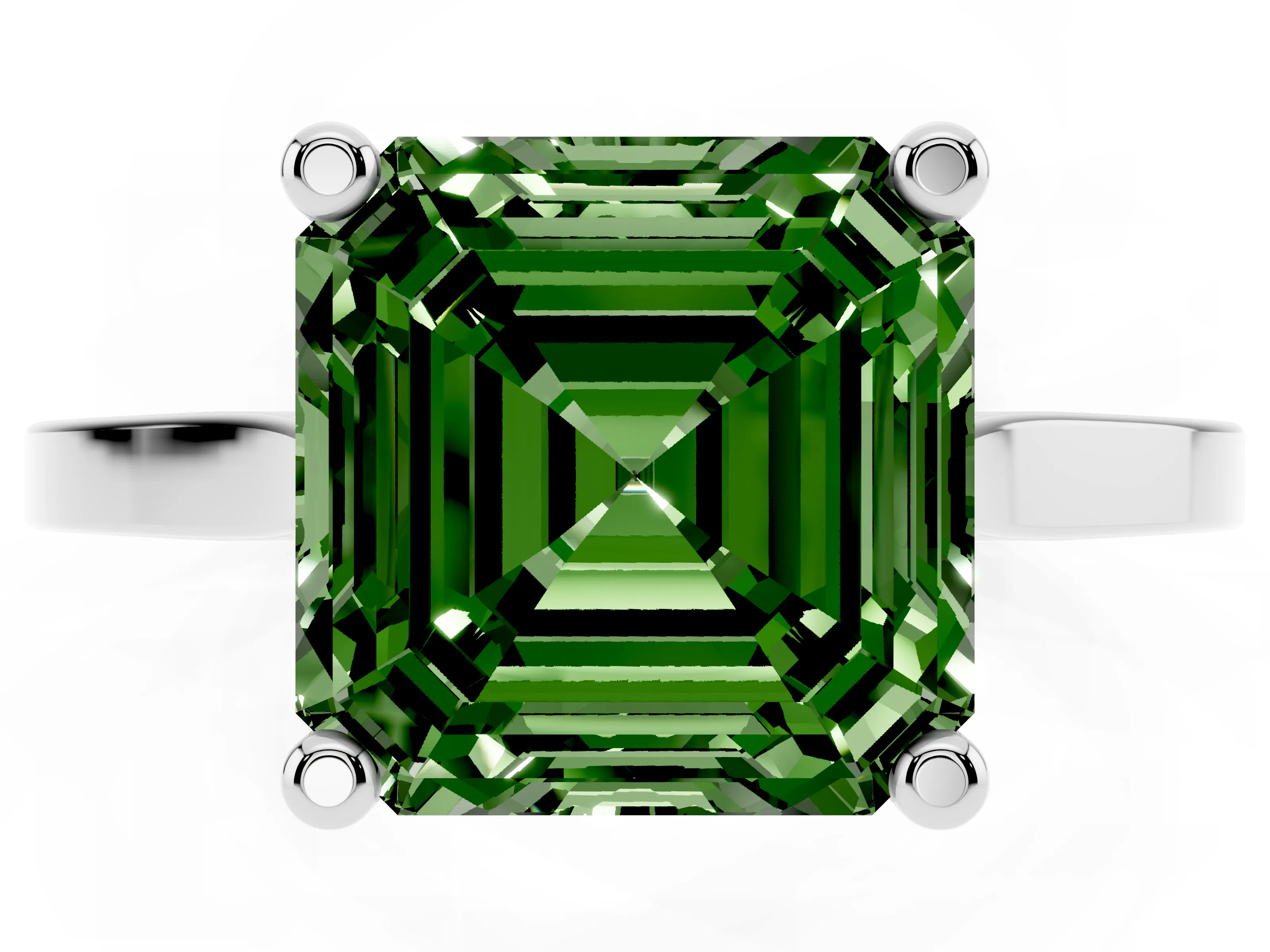 Fancy Green Asscher Cut Diamond Solitaire Ring Set in White gold with Prong Setting and Tapered Band
