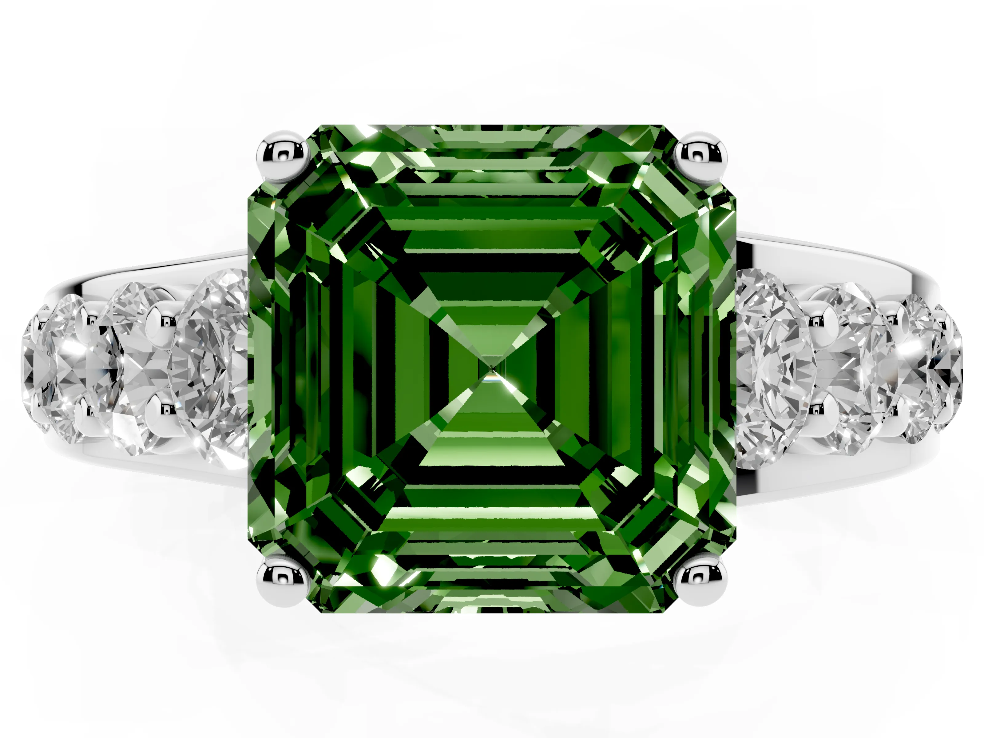 Fancy Green Asscher Cut Diamond Pavé Engagement Ring Set in Silver with Prong Setting