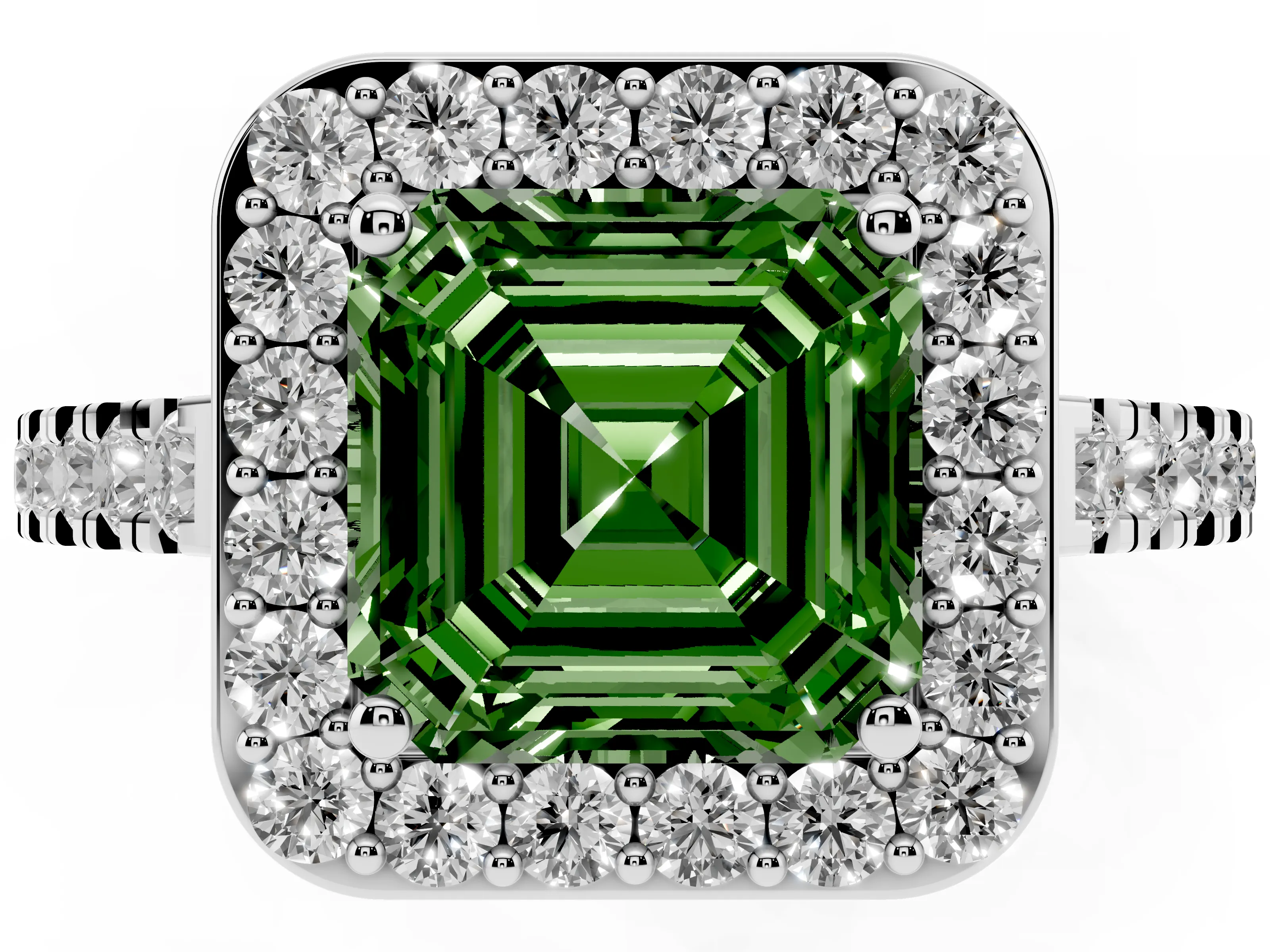 Fancy Green Asscher Cut Diamond Halo Ring Set in Platinum with Round Pavé Split Shank and Prong Setting