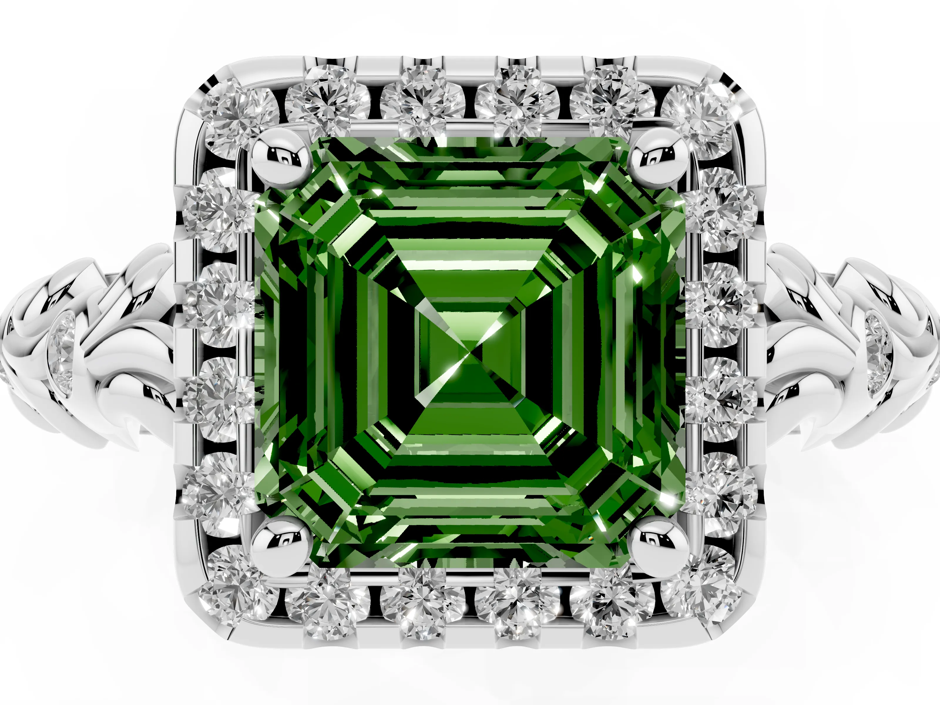 Fancy Green Asscher Cut Diamond Halo Ring Set in Platinum with Filigree Leaf Band and Prong Setting