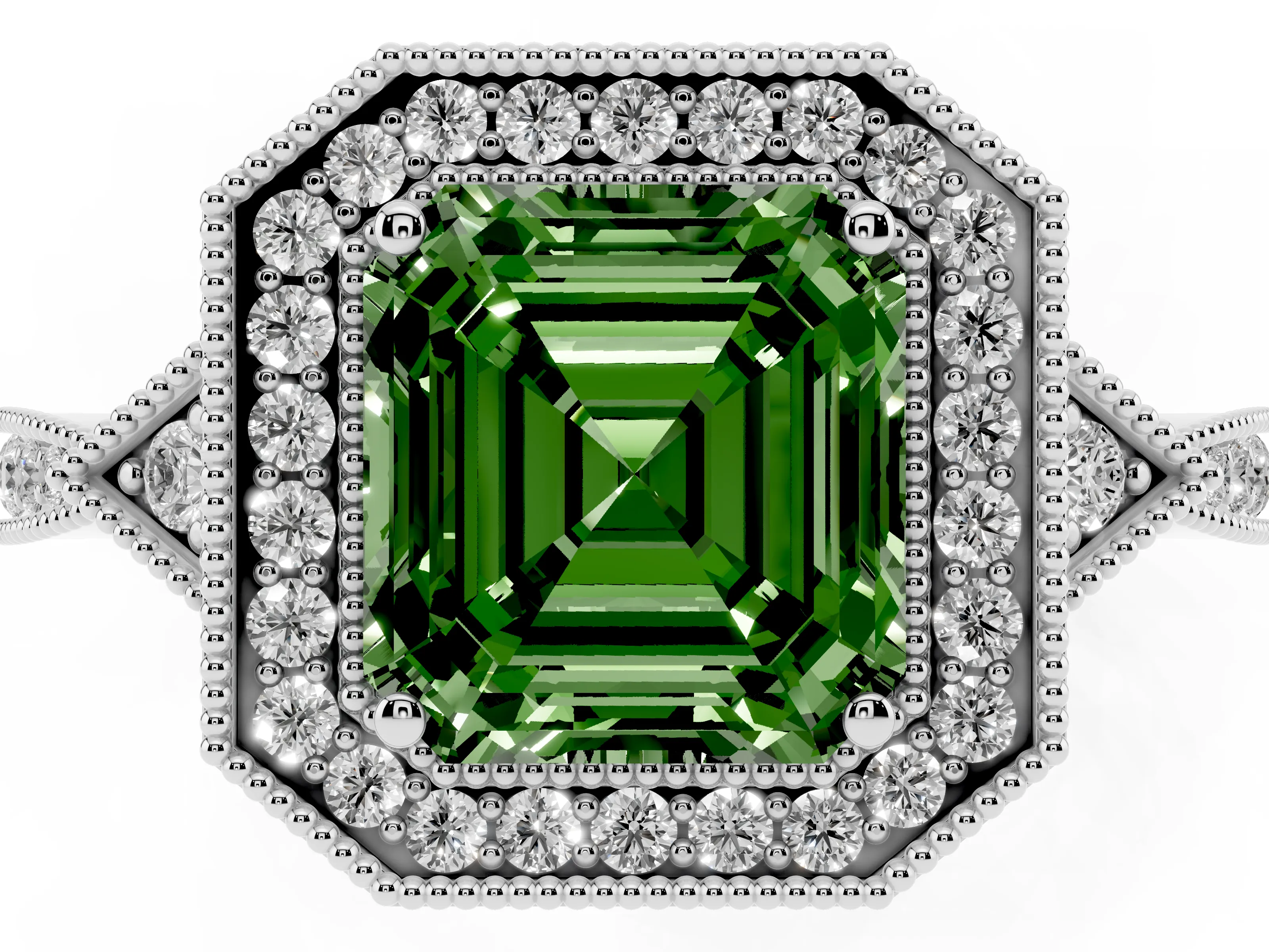 Fancy Green Asscher Cut Diamond Halo Engagement Ring Set in White gold with Milgrain Pavé Band