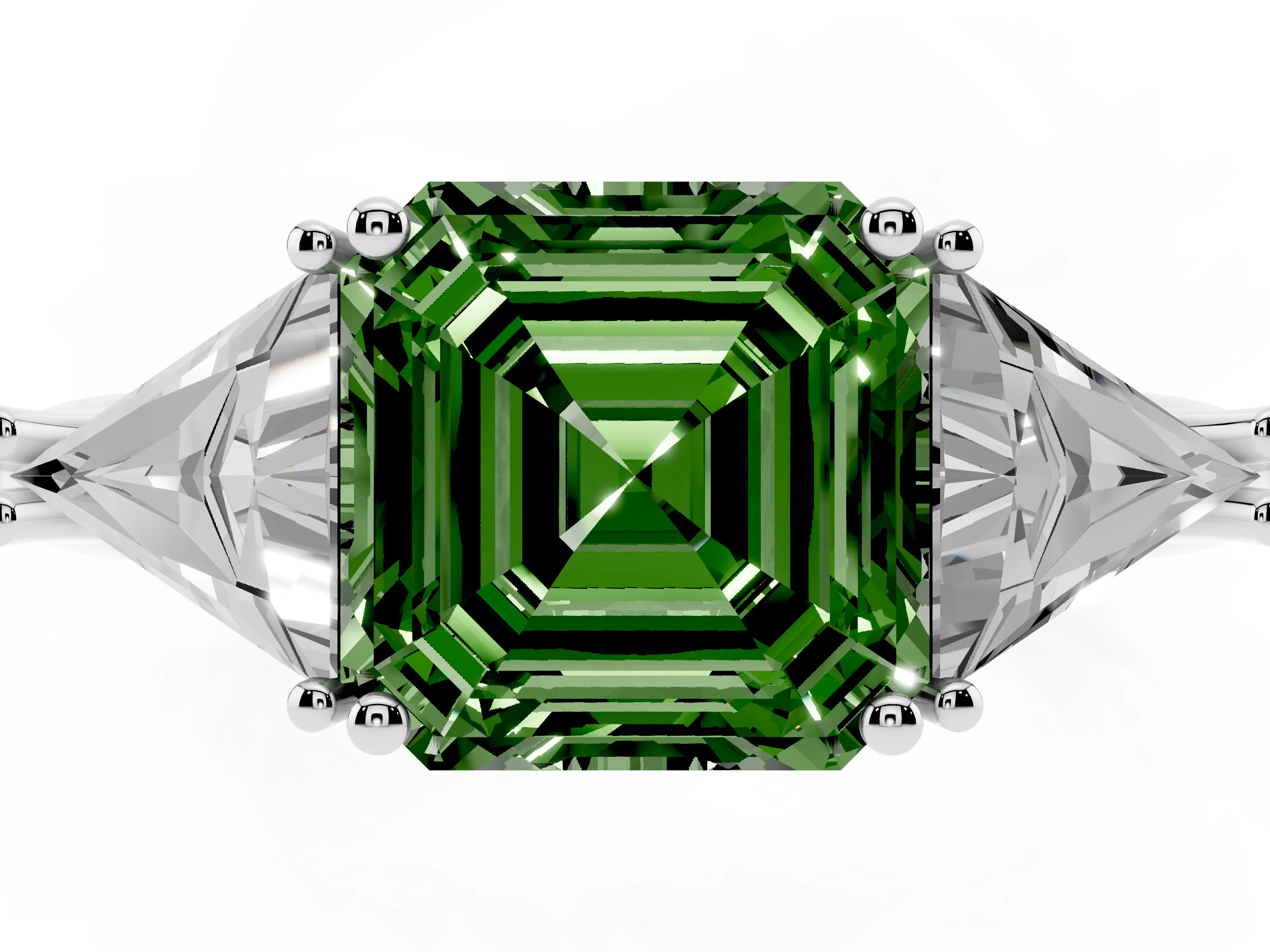 Fancy Green Asscher Cut Diamond Three-Stone Engagement Ring Set in Silver with Trillion Side Stones
