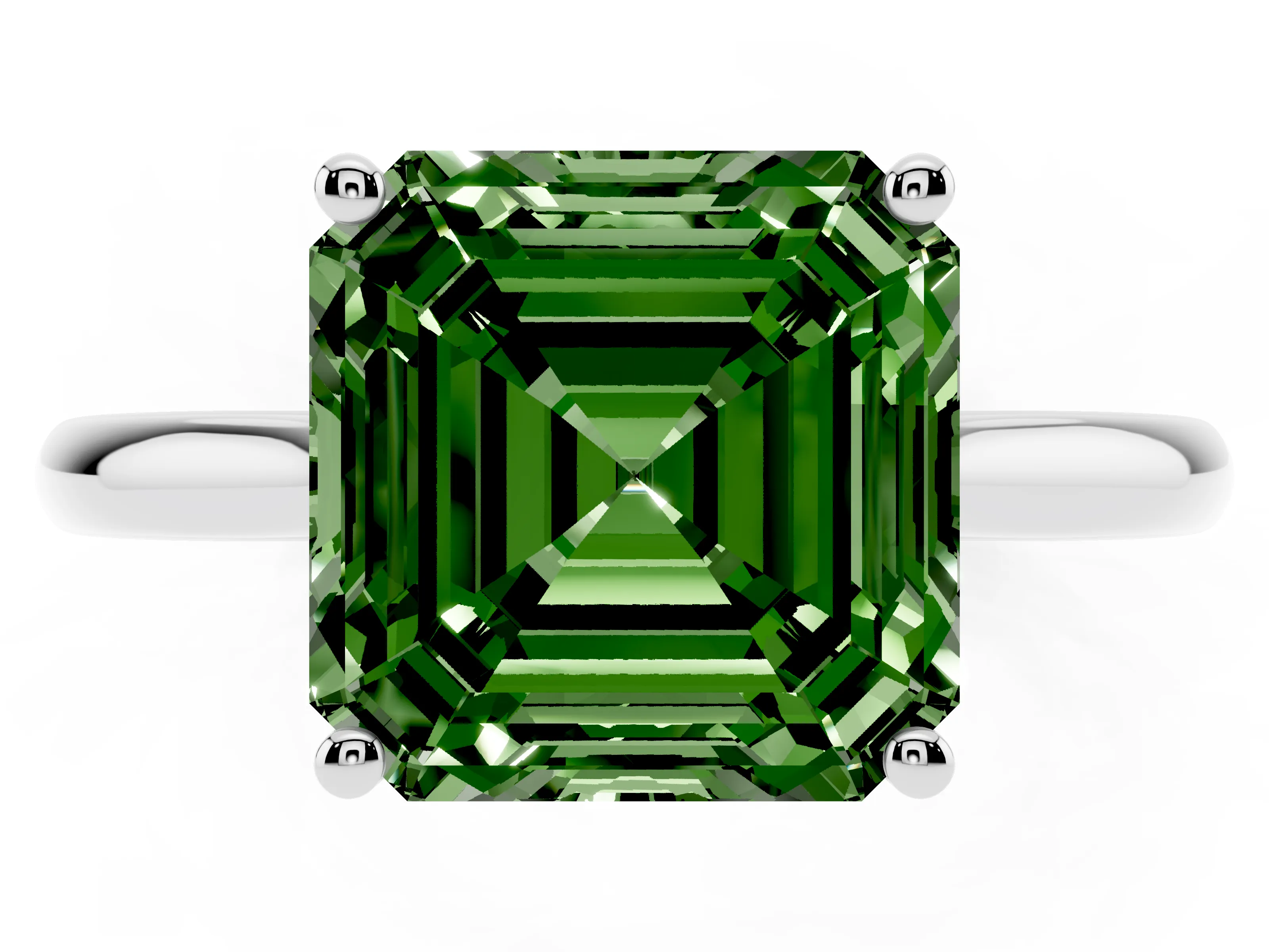 Fancy Green Asscher Cut Diamond Solitaire Ring Set in Silver with Cathedral Band and Prong Setting