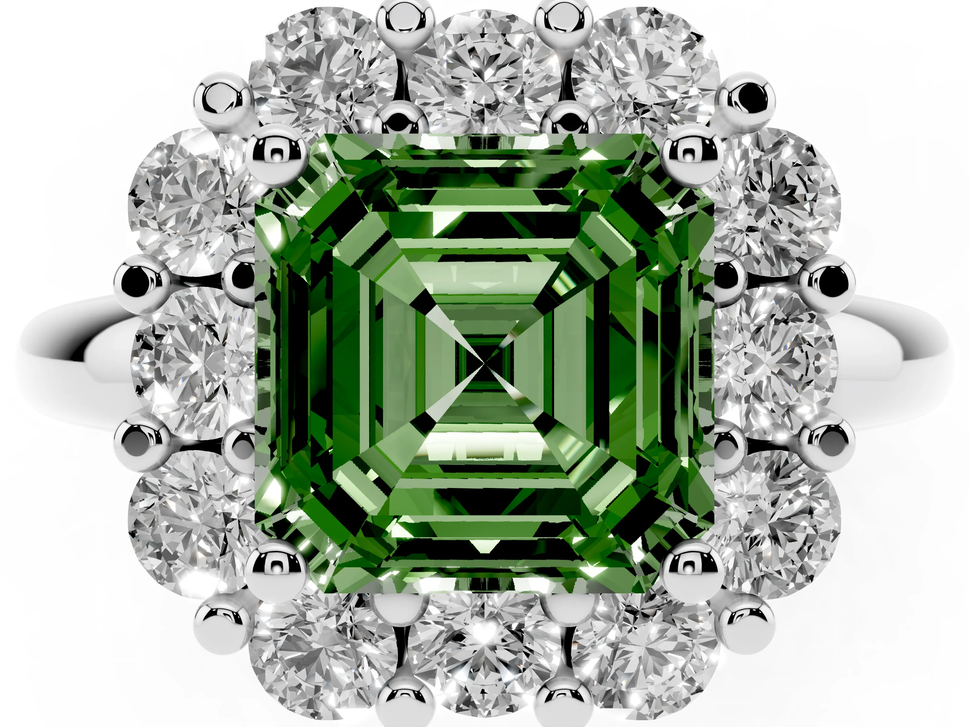 Fancy Green Asscher Cut Diamond Halo Cluster Engagement Ring Set in White gold with Polished Band and Prong Setting