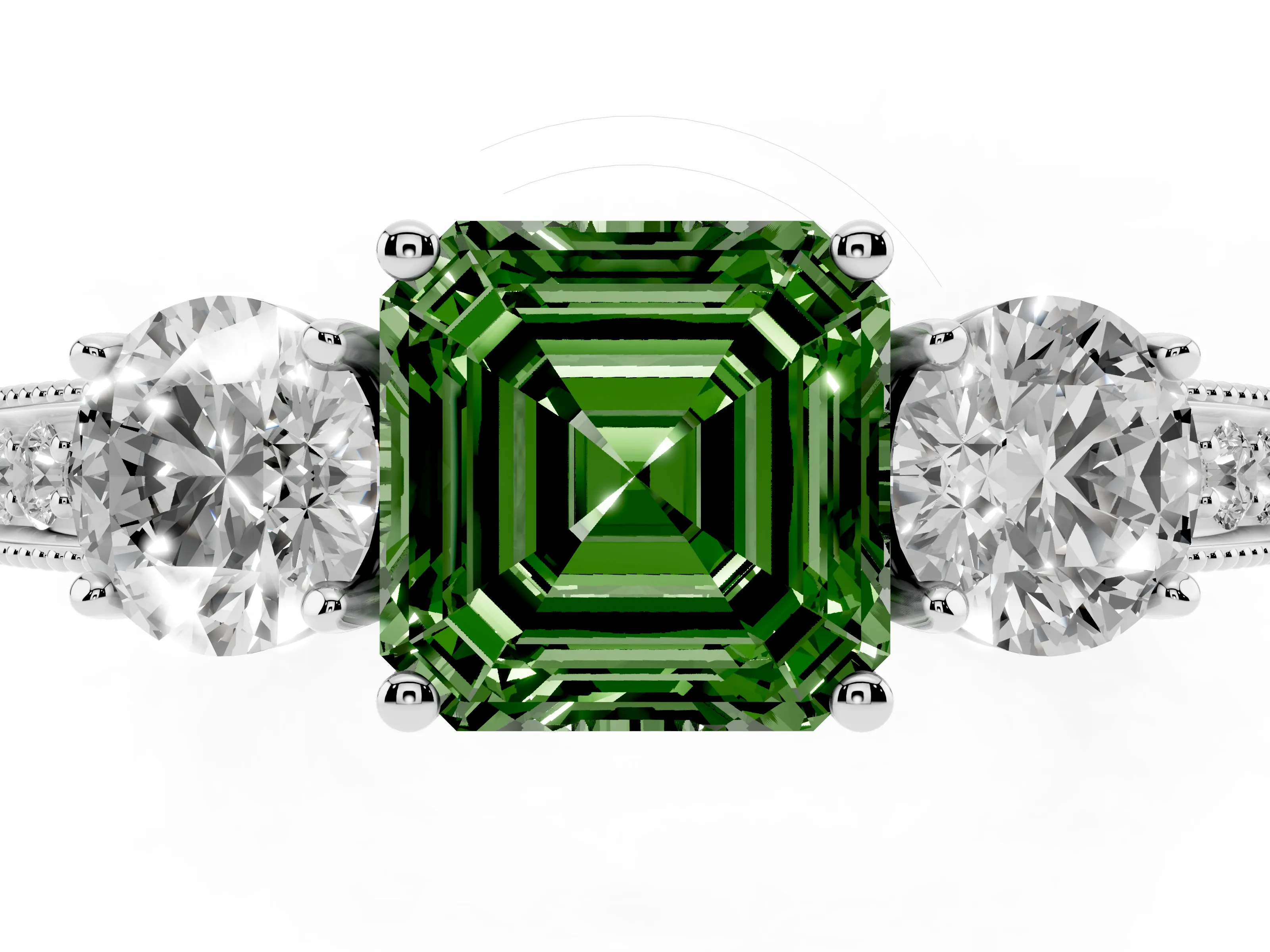Fancy Green Asscher Cut Diamond Three-Stone Ring Set in White gold with Round Side Stones and Pavé Band