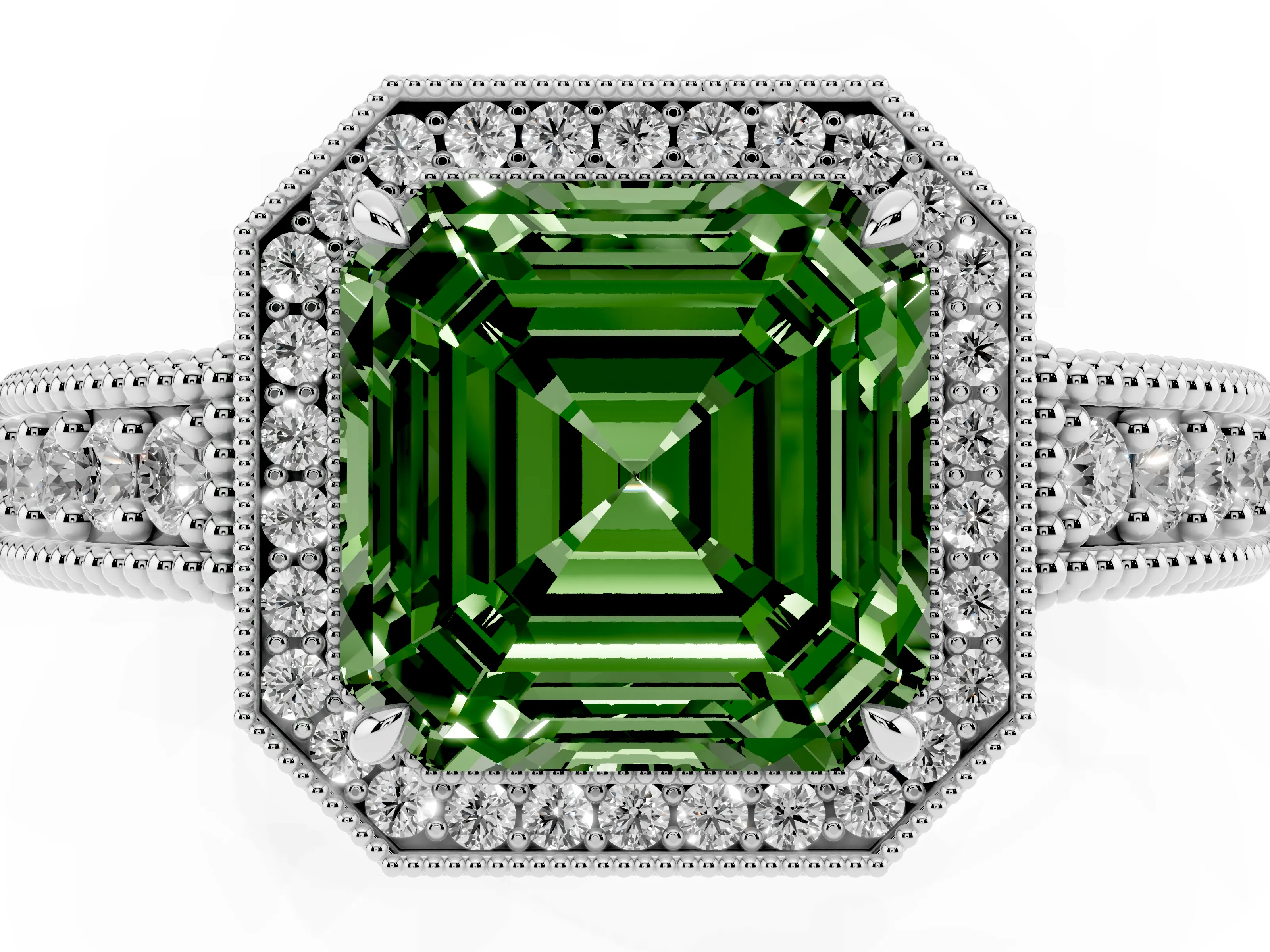 Fancy Green Asscher Cut Diamond Halo Ring Set in White gold with Round Accent Halo, Pavé Band and Prong Setting