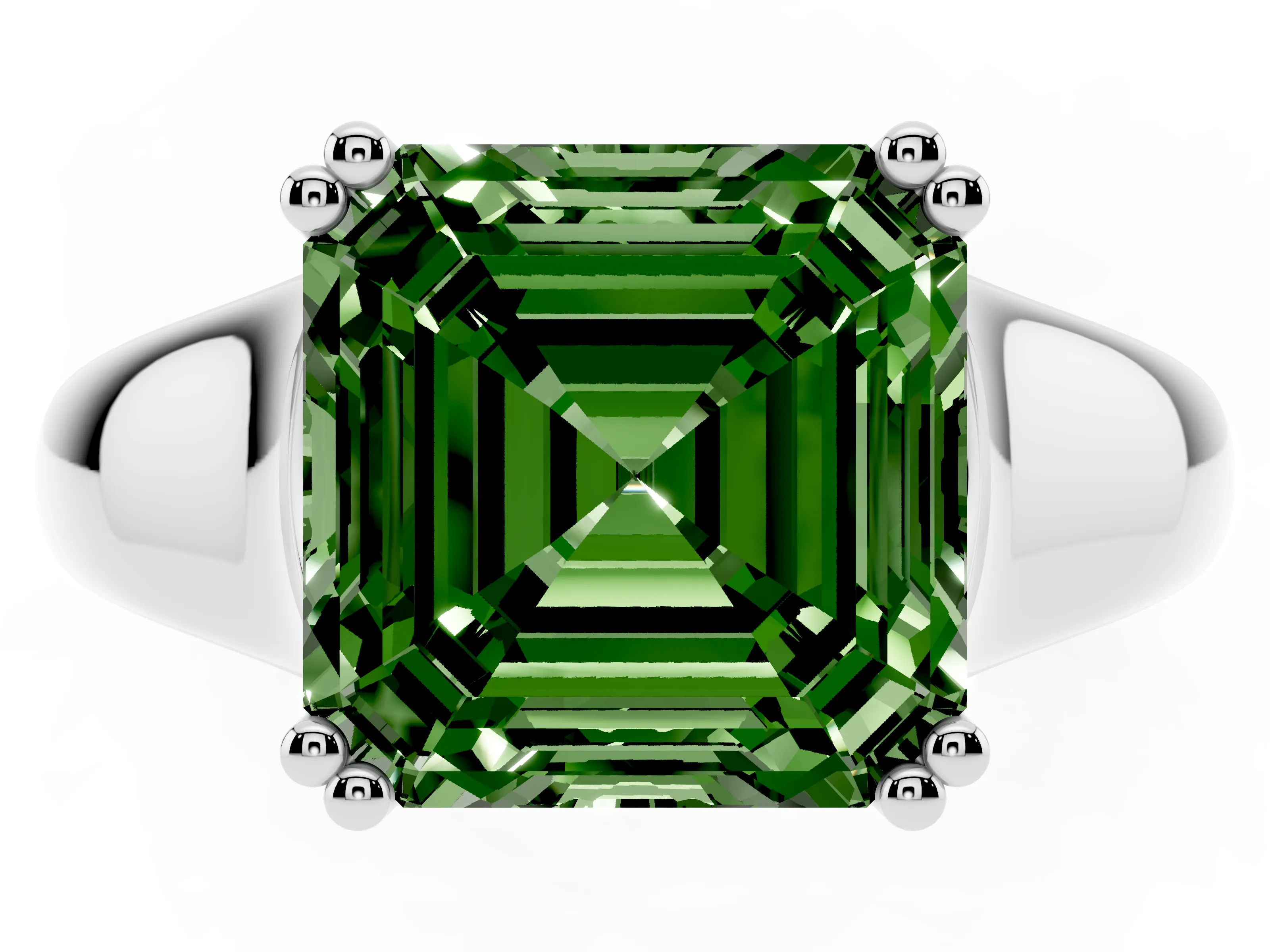 Fancy Green Asscher Cut Diamond Solitaire Ring Set in White gold with Wide Band and Prong Setting