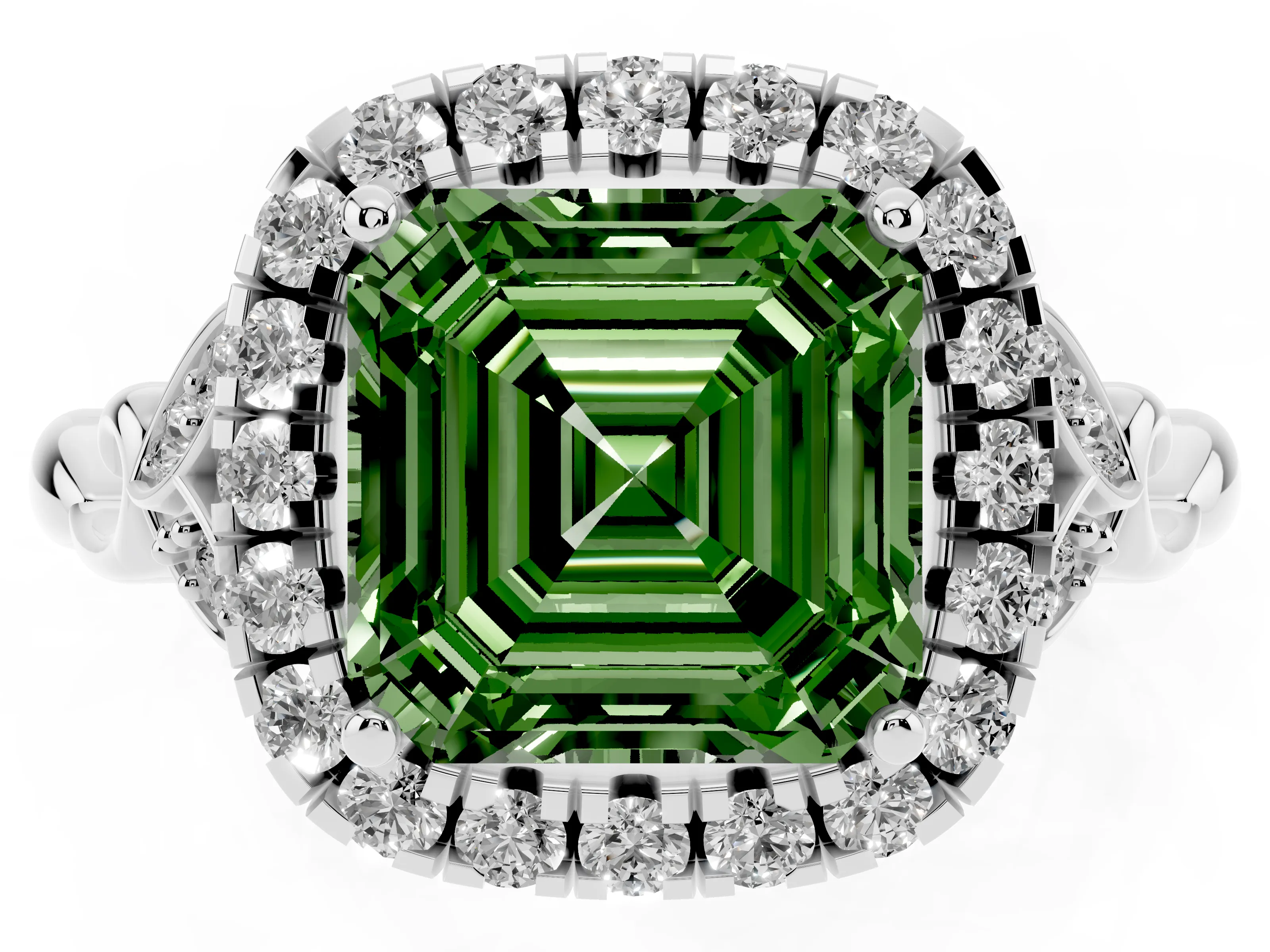 Fancy Green Asscher Cut Diamond Halo Engagement Ring Set in Silver with Vintage-Inspired Band and Prong Setting