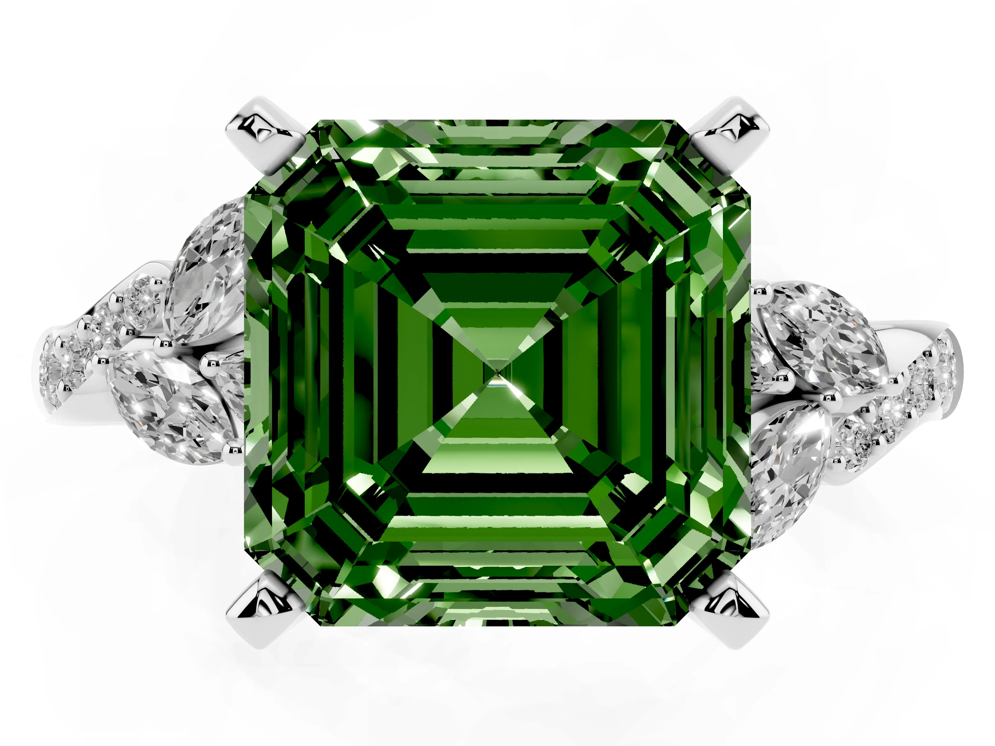 Fancy Green Asscher Cut Diamond Solitaire Ring Set in White gold with Marquise Twist Band and Prong Setting