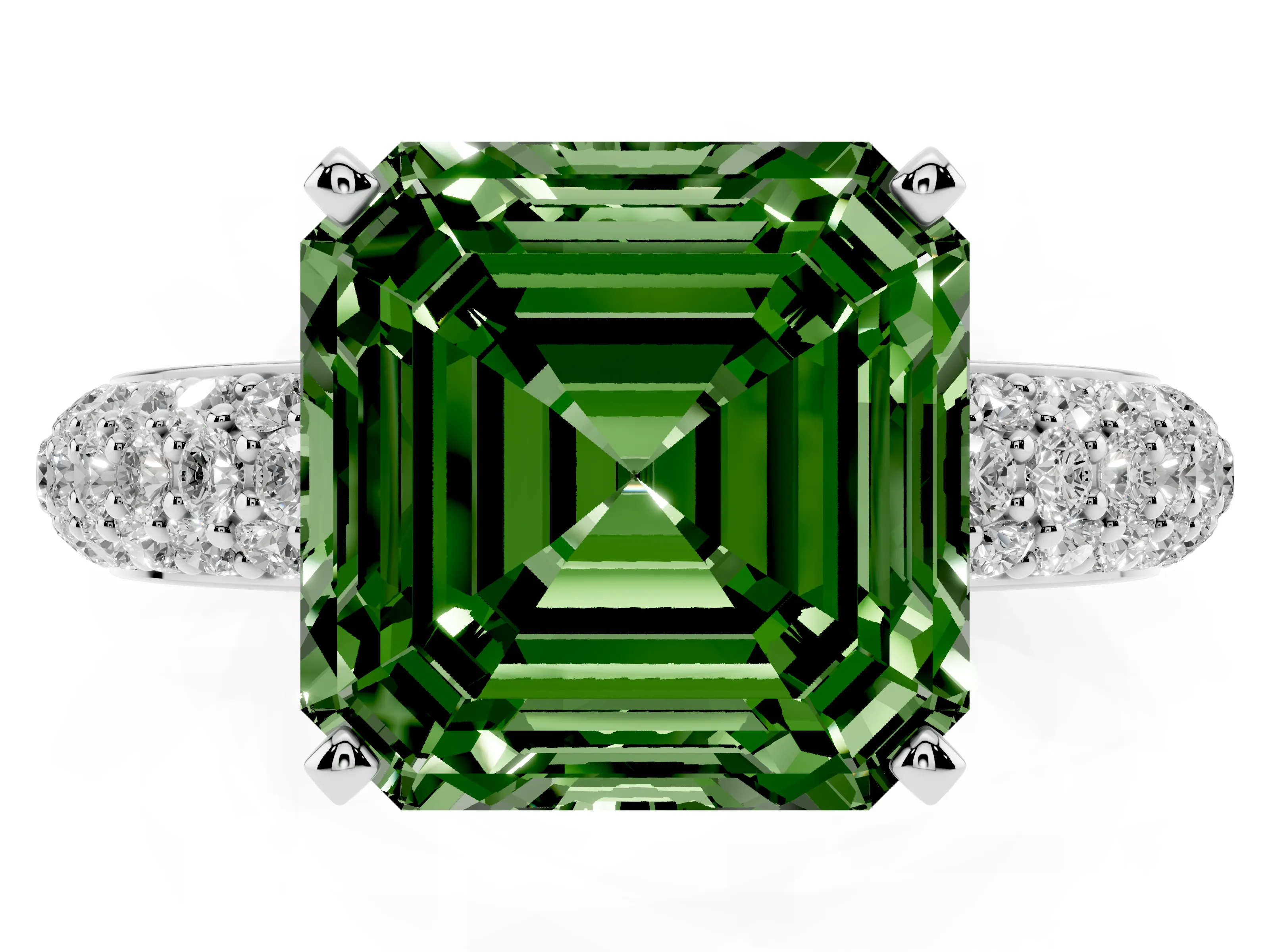 Fancy Green Asscher Cut Diamond Solitaire Ring Set in Silver with Prong Setting and Pavé-Set Band