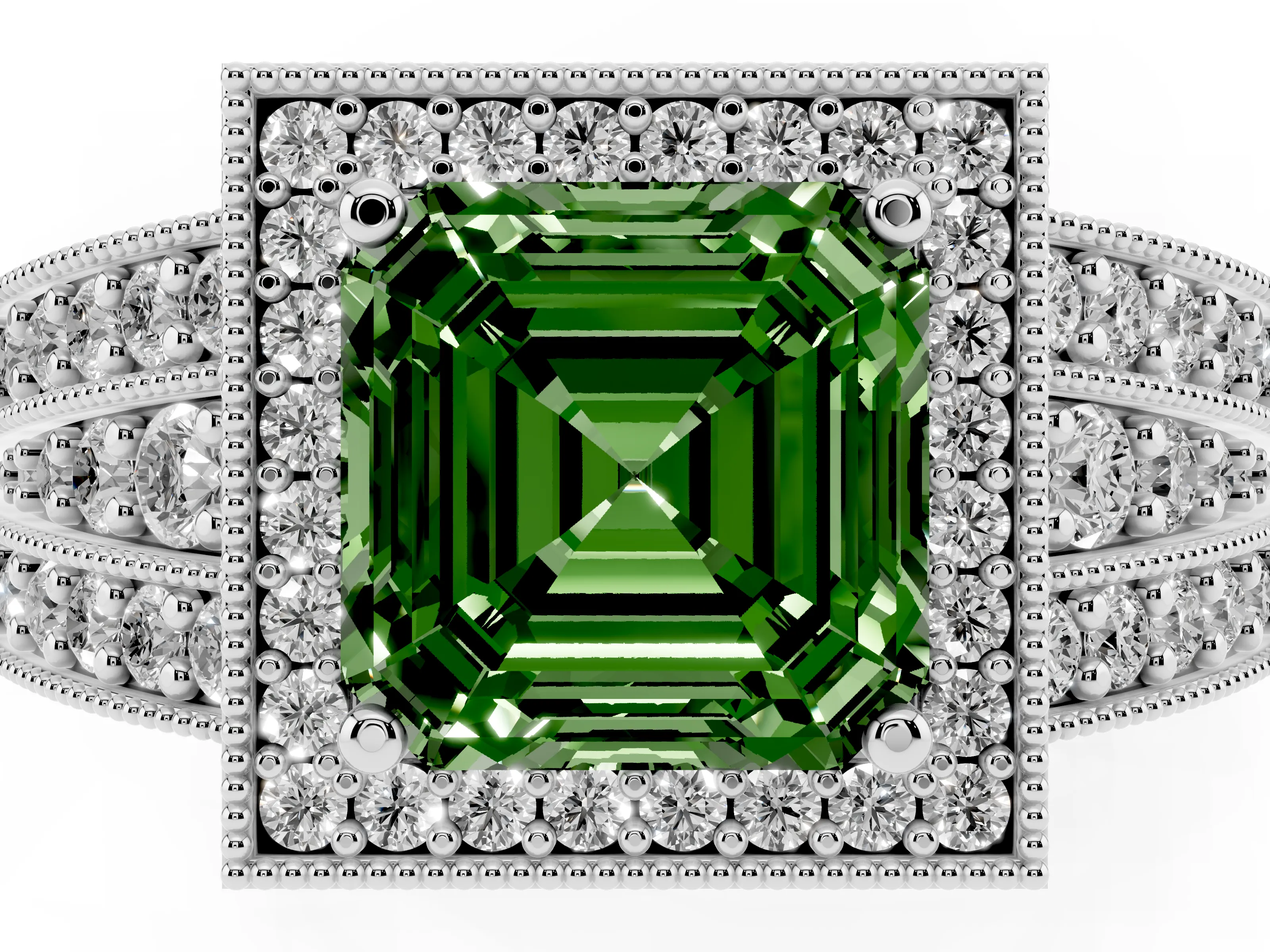 Fancy Green Asscher Cut Diamond Halo Ring Set in Silver with Accent Split Shank and Prong Setting