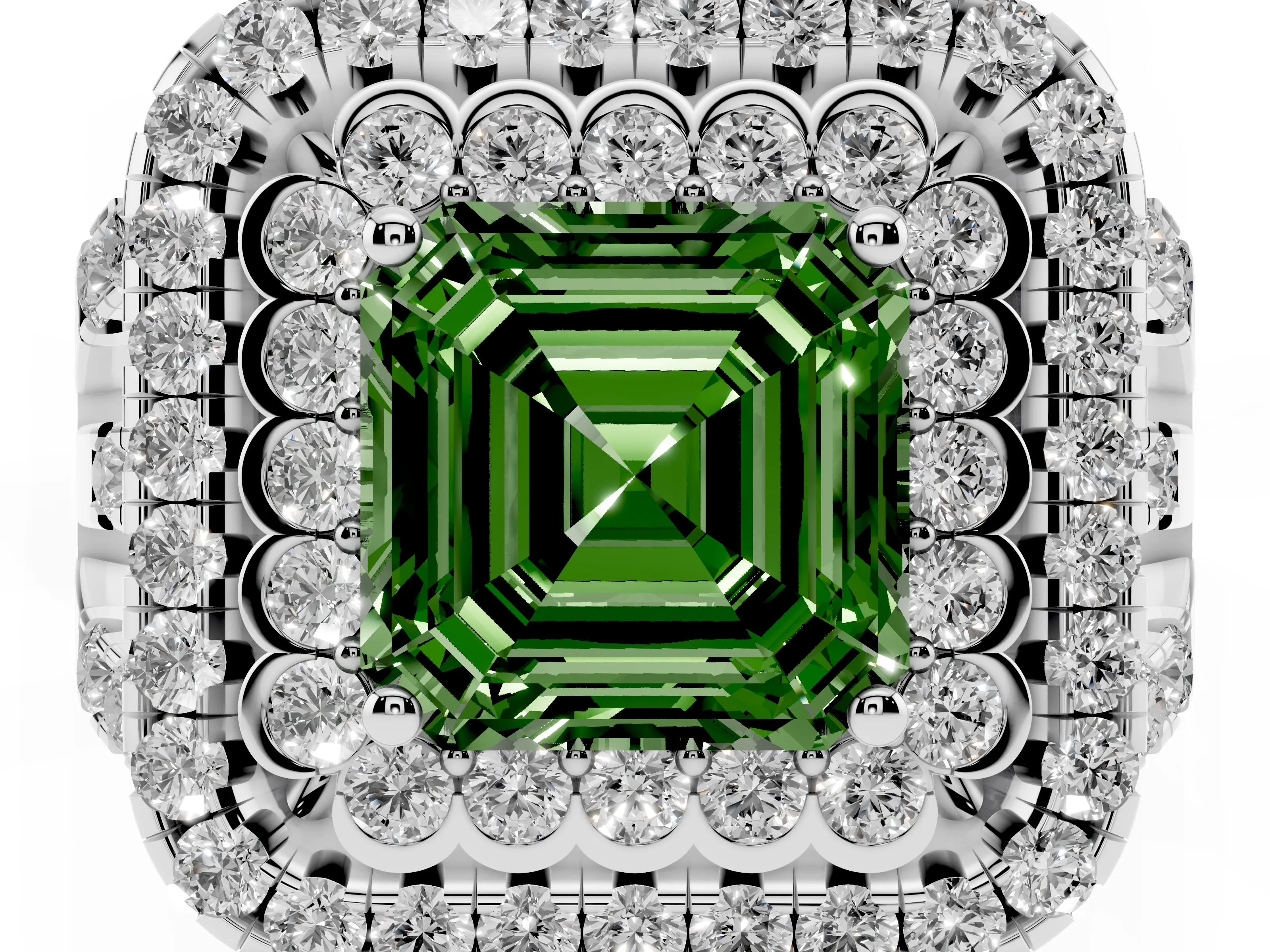 Fancy Green Asscher Cut Diamond Double Halo Ring Set in White gold with Round Pavé Split Shank