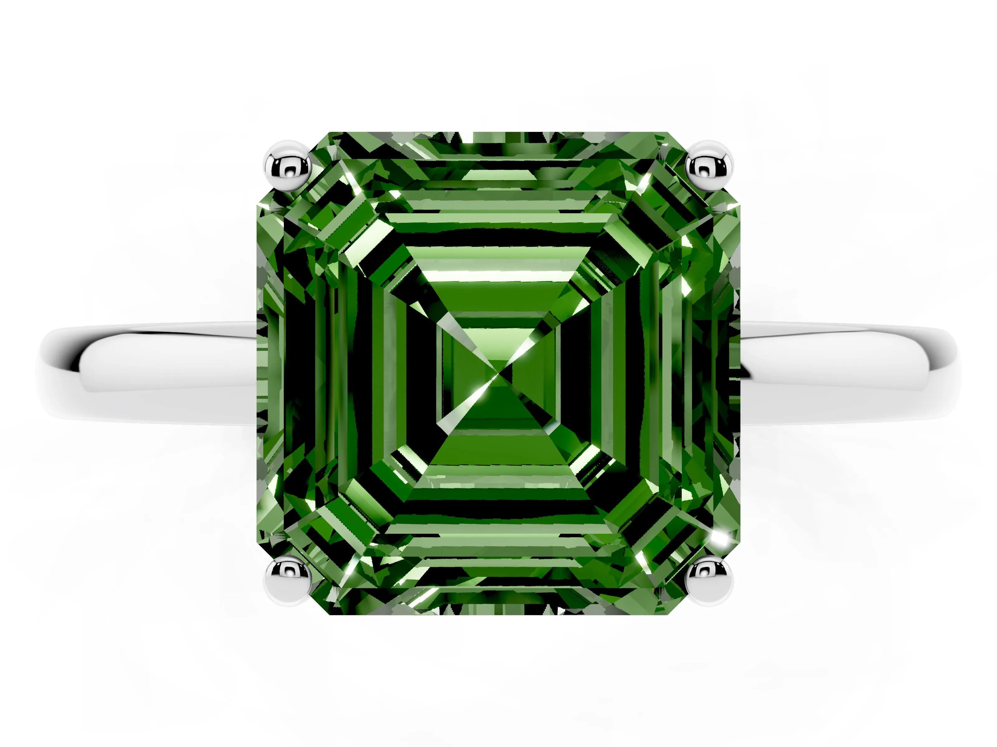 Fancy Green Asscher Cut Diamond Solitaire Ring Set in Platinum with Plain Band and Prong Setting