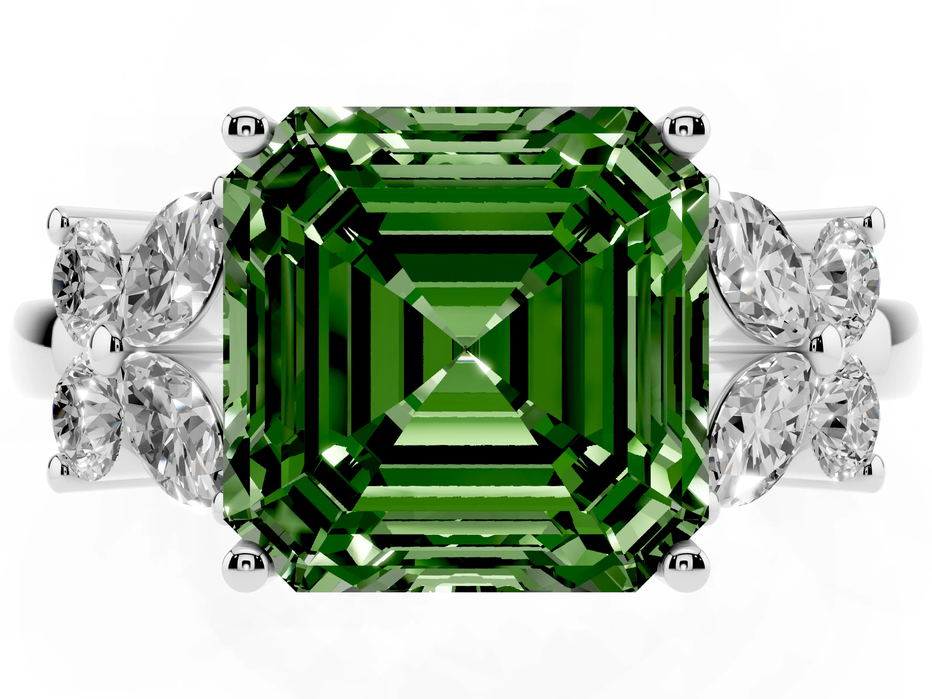 Fancy Green Asscher Cut Diamond Floral Cluster Ring Set in White gold with Marquise Petals and Prong Setting