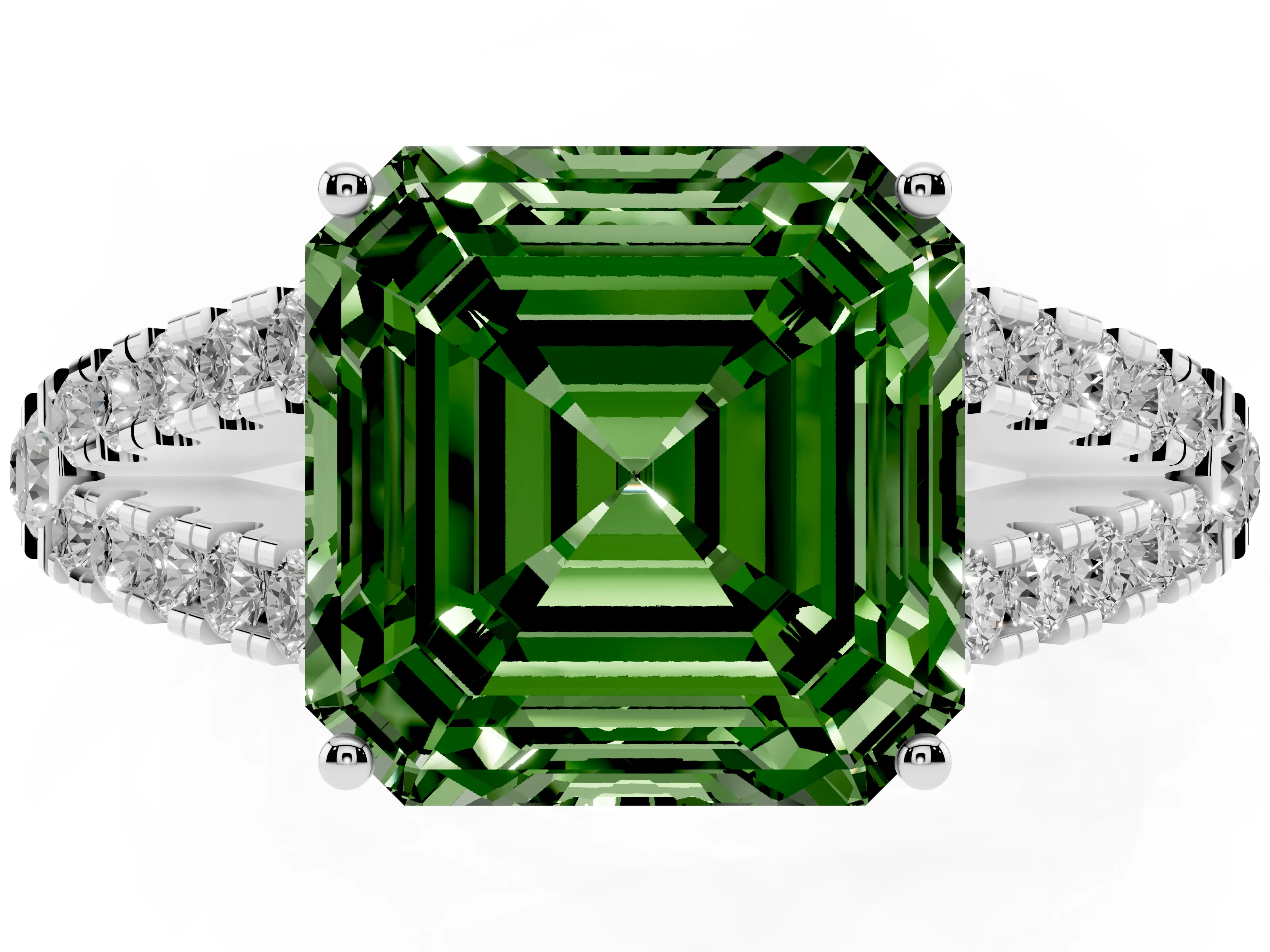 Fancy Green Asscher Cut Diamond Split Shank Engagement Ring Set in White gold with Round Pavé and Prong Setting