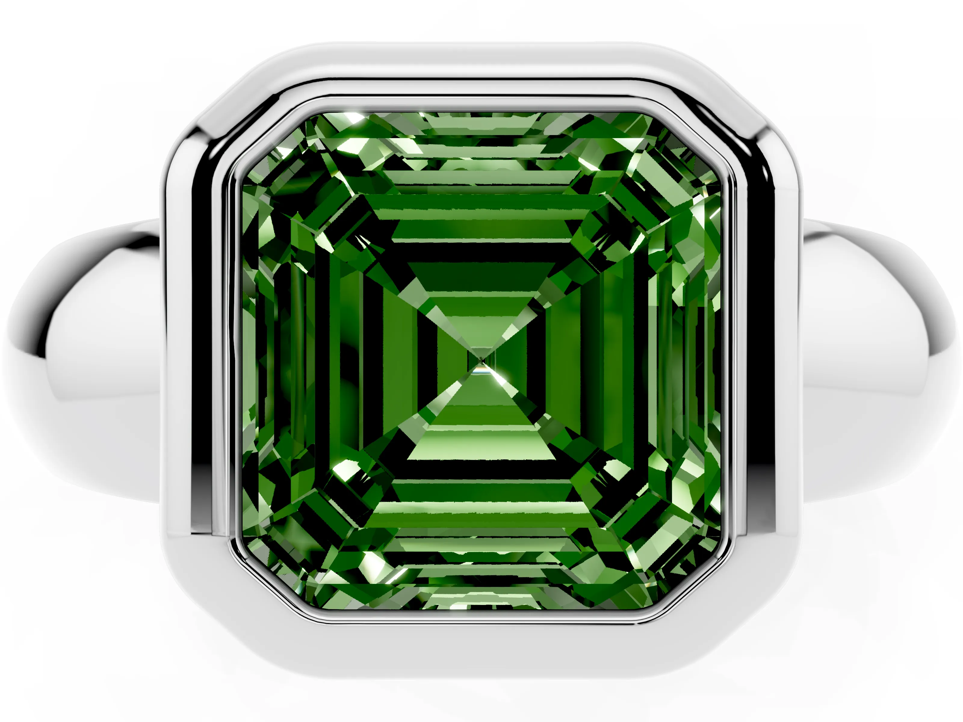 Fancy Green Bezel Set Asscher Cut Diamond Solitaire Ring Set in Silver with Wide Band