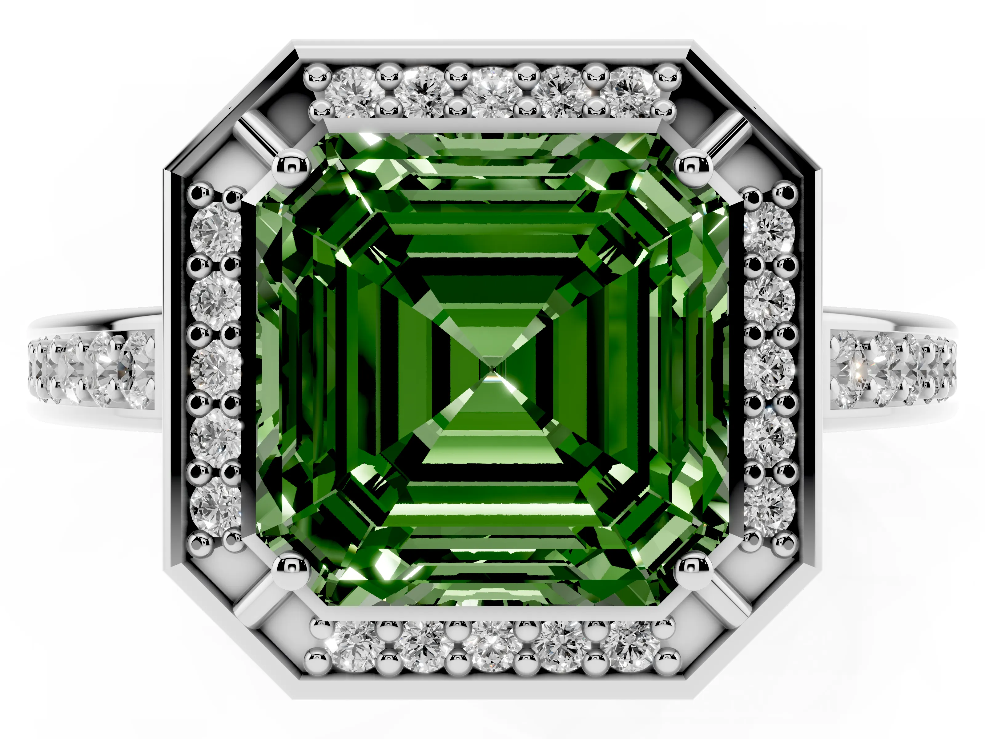 Fancy Green Asscher Cut Diamond Halo Pavé Split Shank Ring Set in White gold with Prong Setting