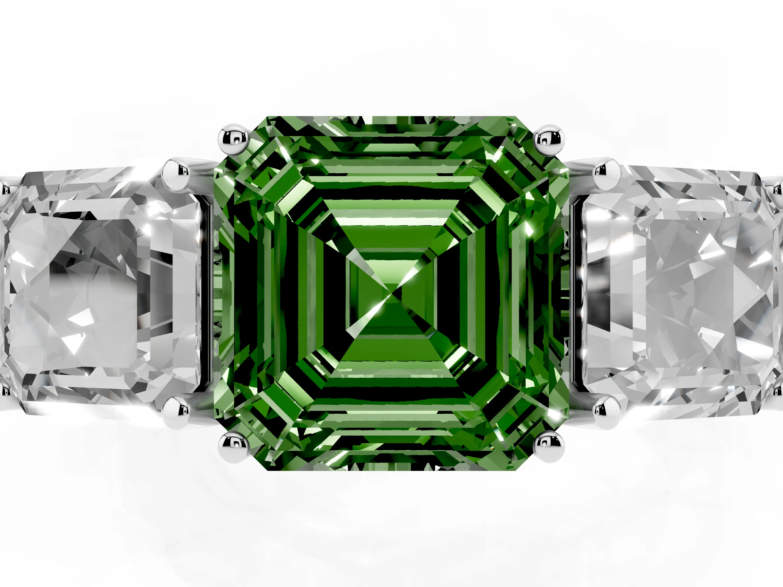 Fancy Green Asscher Cut Diamond Three-Stone Engagement Ring Set in Platinum with Milgrain Pavé Band