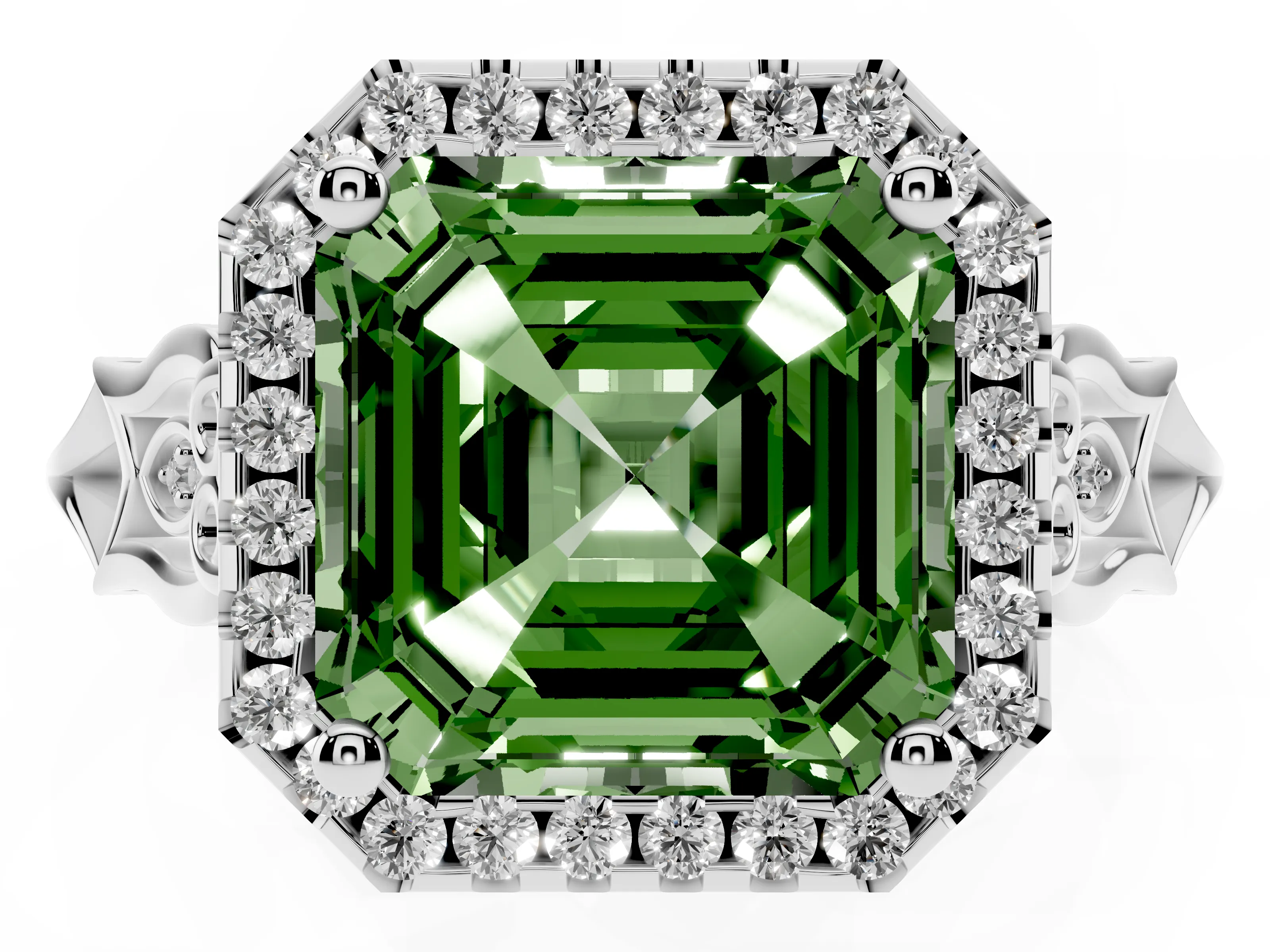 Fancy Green Asscher Cut Diamond Halo Engagement Ring Set in Platinum with Filigree Band and Prong-Set Center