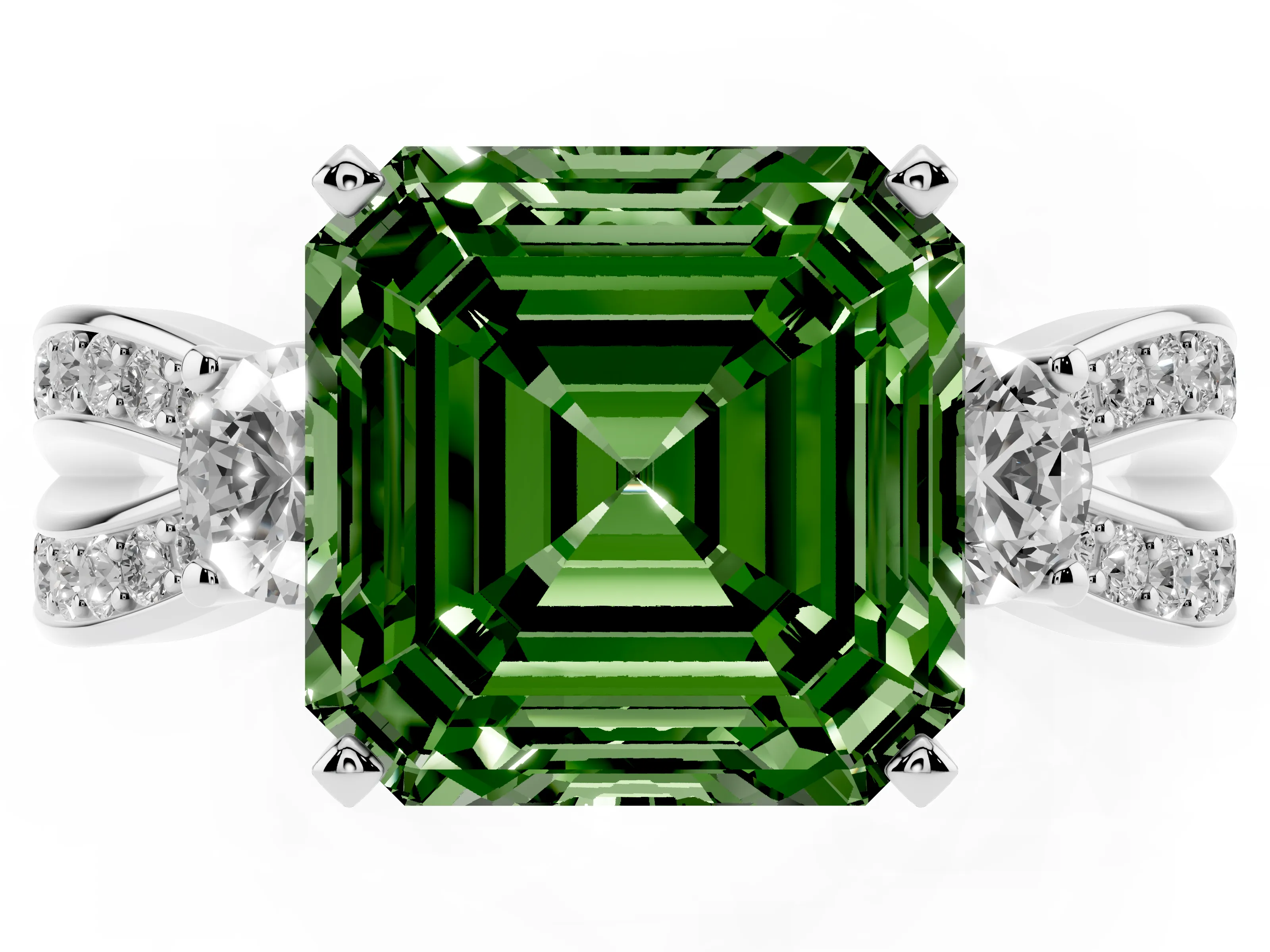 Fancy Green Three-Stone Asscher Cut Diamond Twist Band Ring Set in White gold with Pavé Accents and Prong Setting