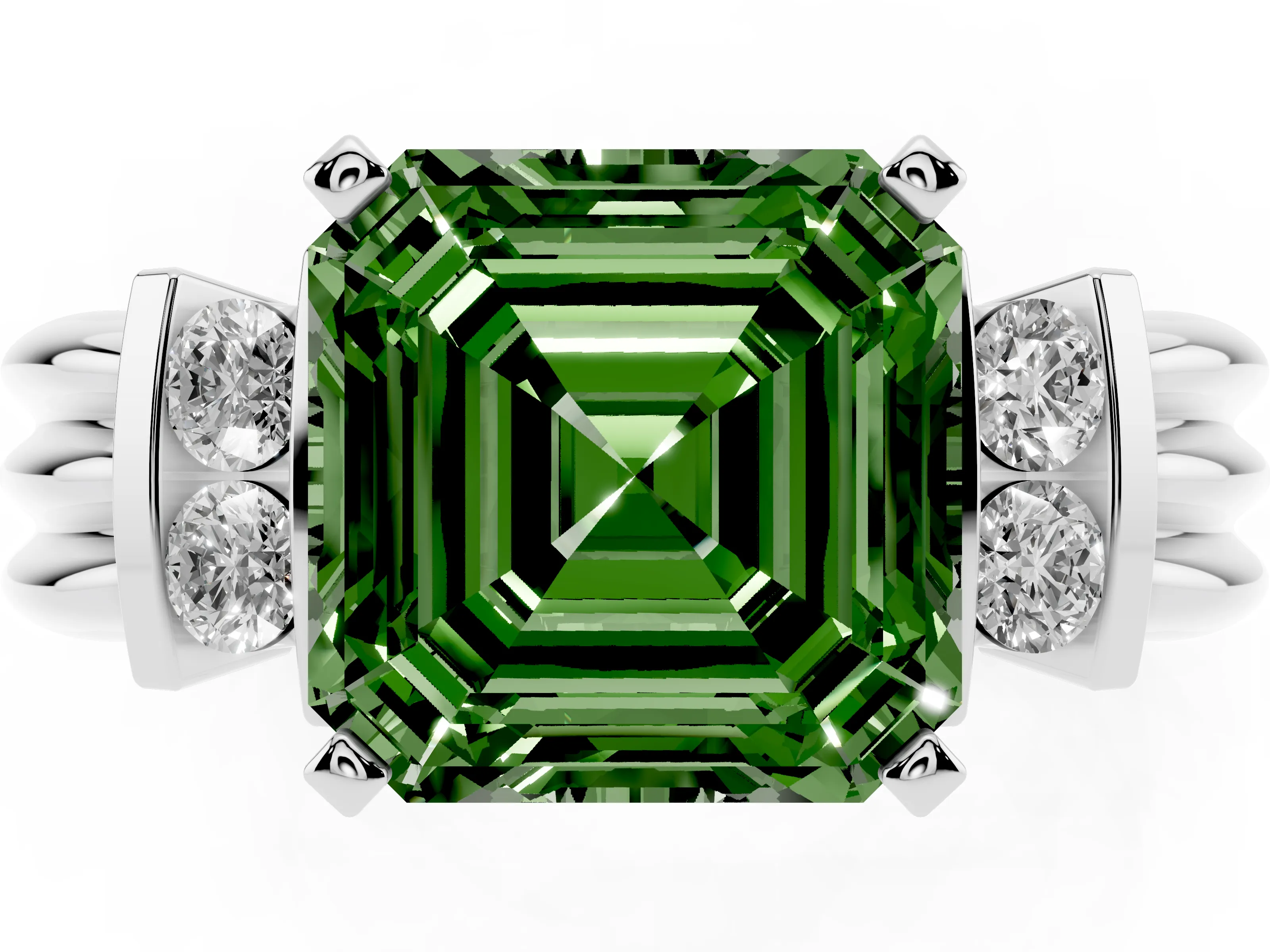 Fancy Green Three-Stone Asscher Cut Diamond Channel Set Ring Set in Silver with Bar Prongs