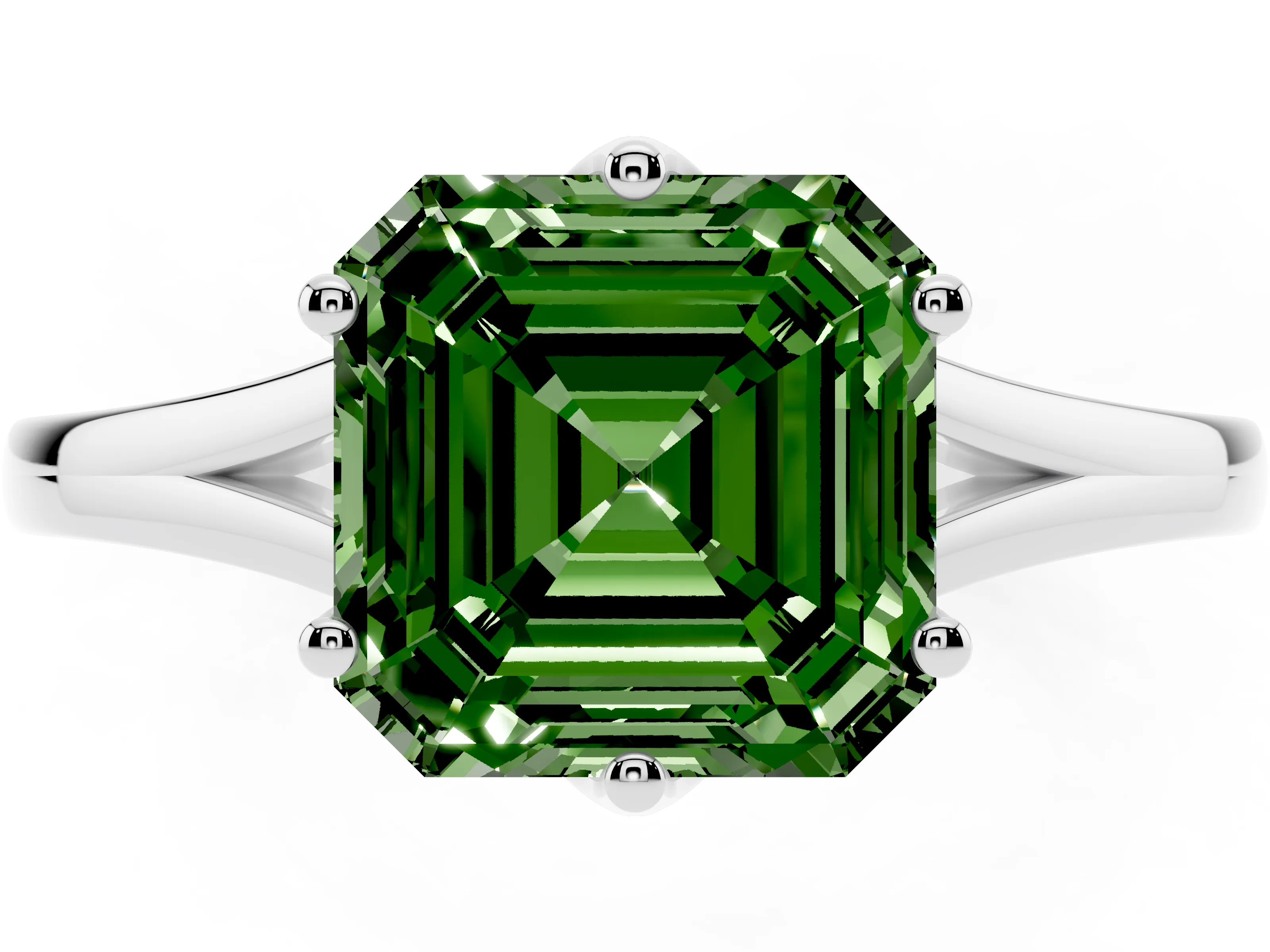 Fancy Green Asscher Cut Diamond Solitaire Ring Set in White gold with Polished Tapered Band and Prong Setting