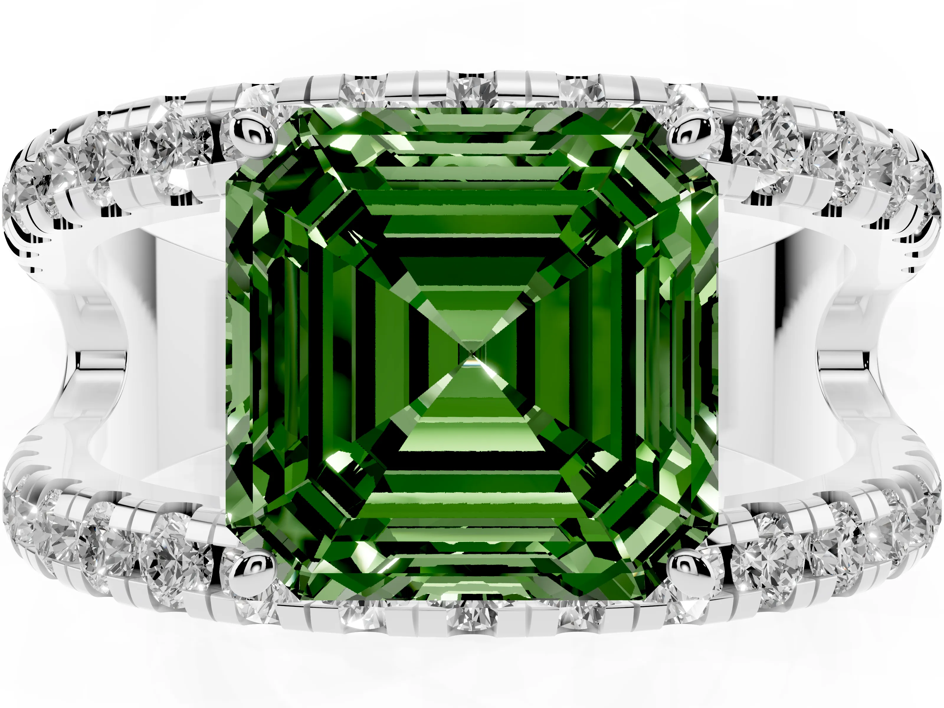 Fancy Green Asscher Cut Diamond Split Shank Pavé Solitaire Ring Set in Platinum with Open Shank Design