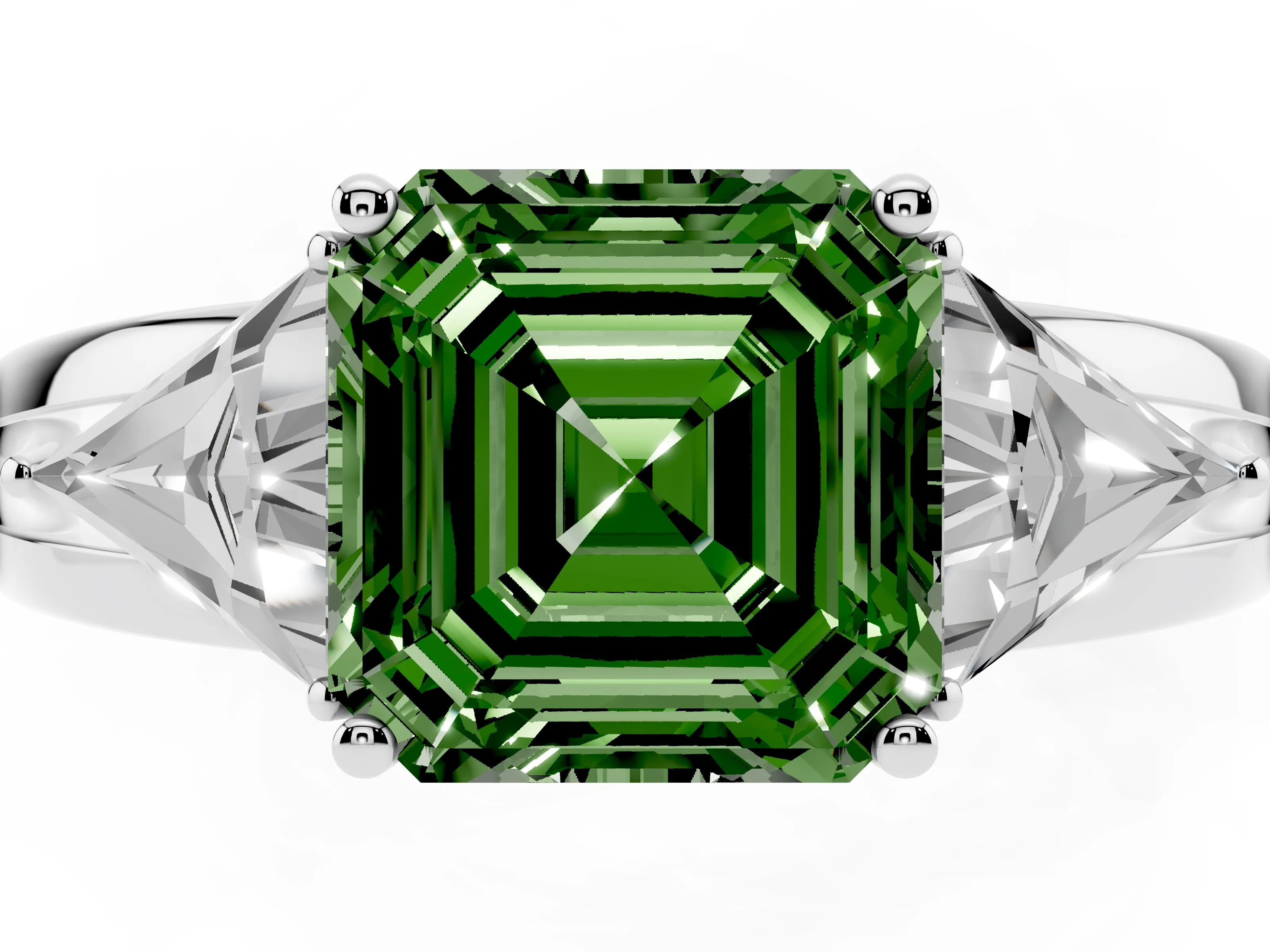 Fancy Green Asscher Cut Diamond Three-Stone Ring Set in White gold with Trillion Side Stones and Split Shank