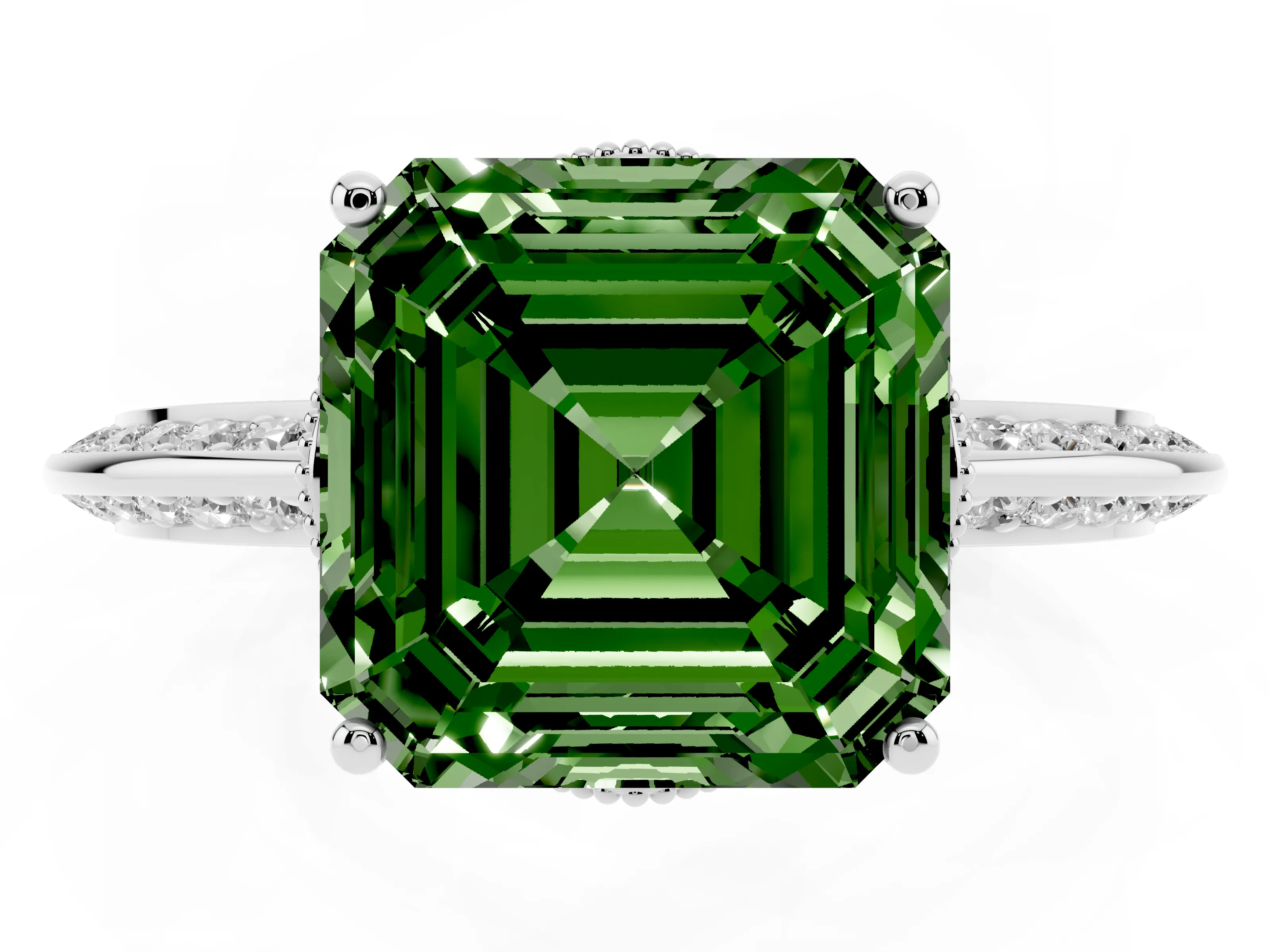 Fancy Green Asscher Cut Diamond Solitaire Engagement Ring Set in White gold with Pavé Split Shank and Prong Setting