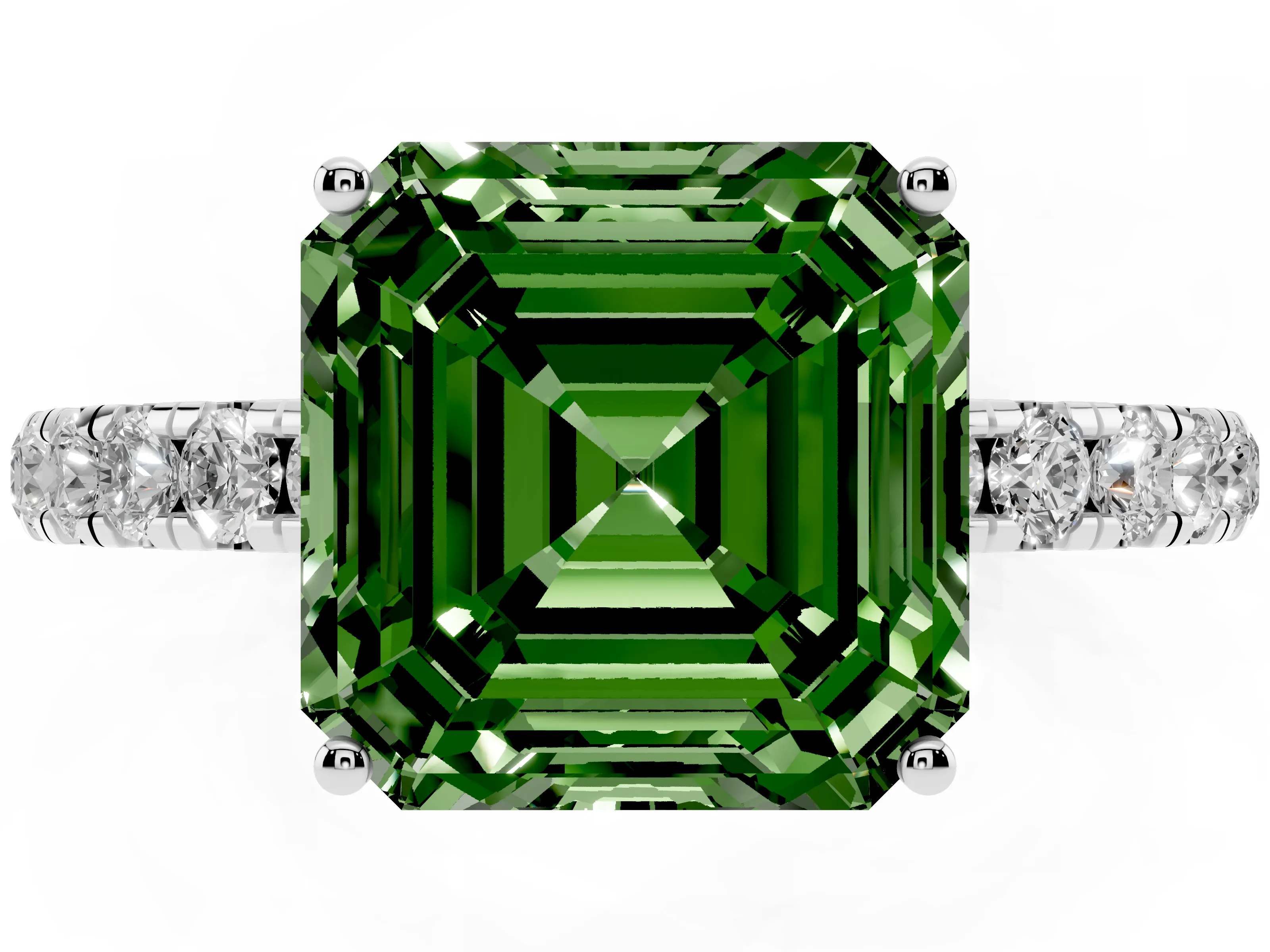 Fancy Green Asscher Cut Diamond Pavé Solitaire Engagement Ring Set in Platinum with Prong Setting