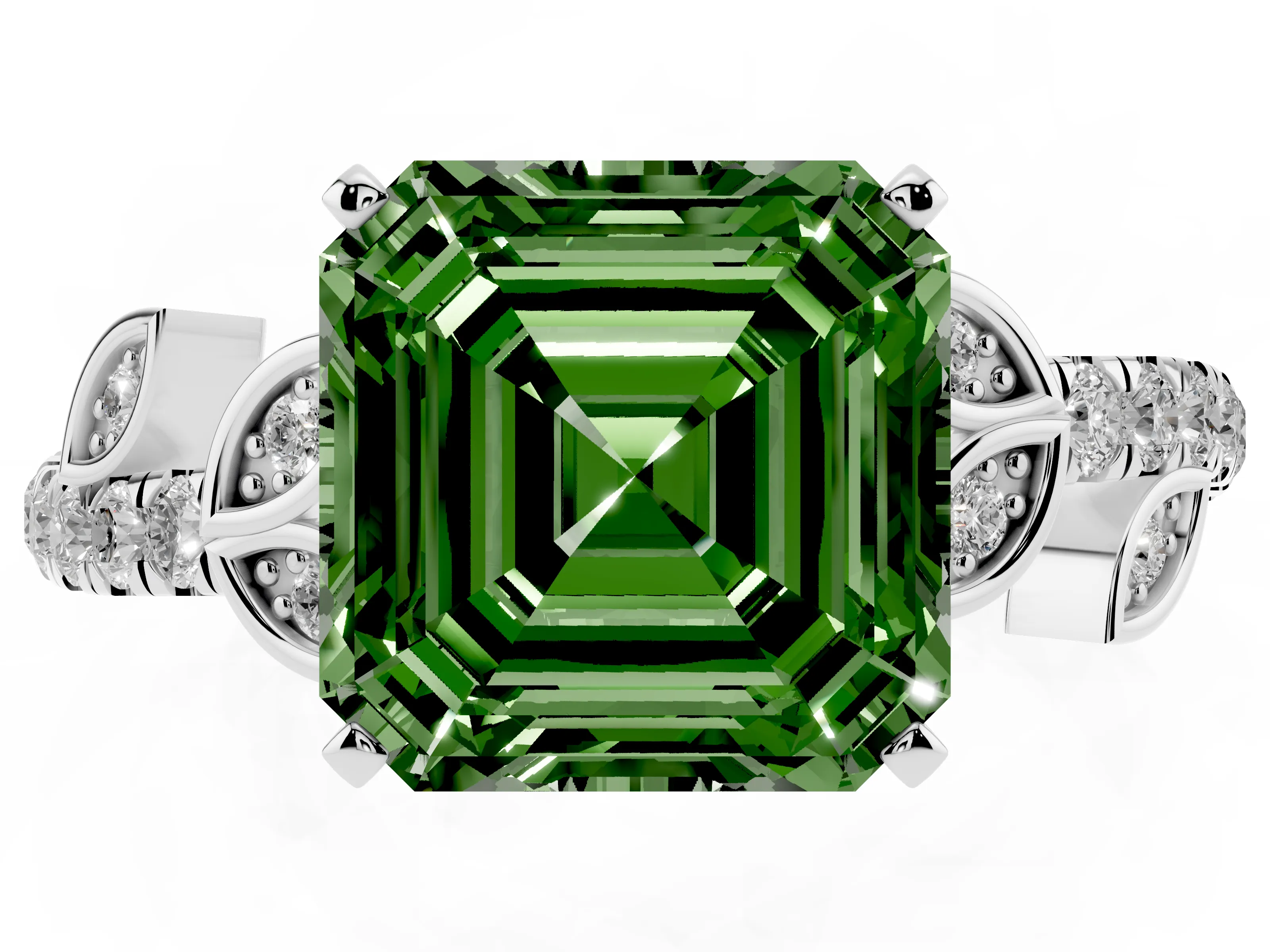 Fancy Green Asscher Cut Diamond Solitaire Leaf-Inspired Ring Set in White gold with Pavé Band and Prong Setting