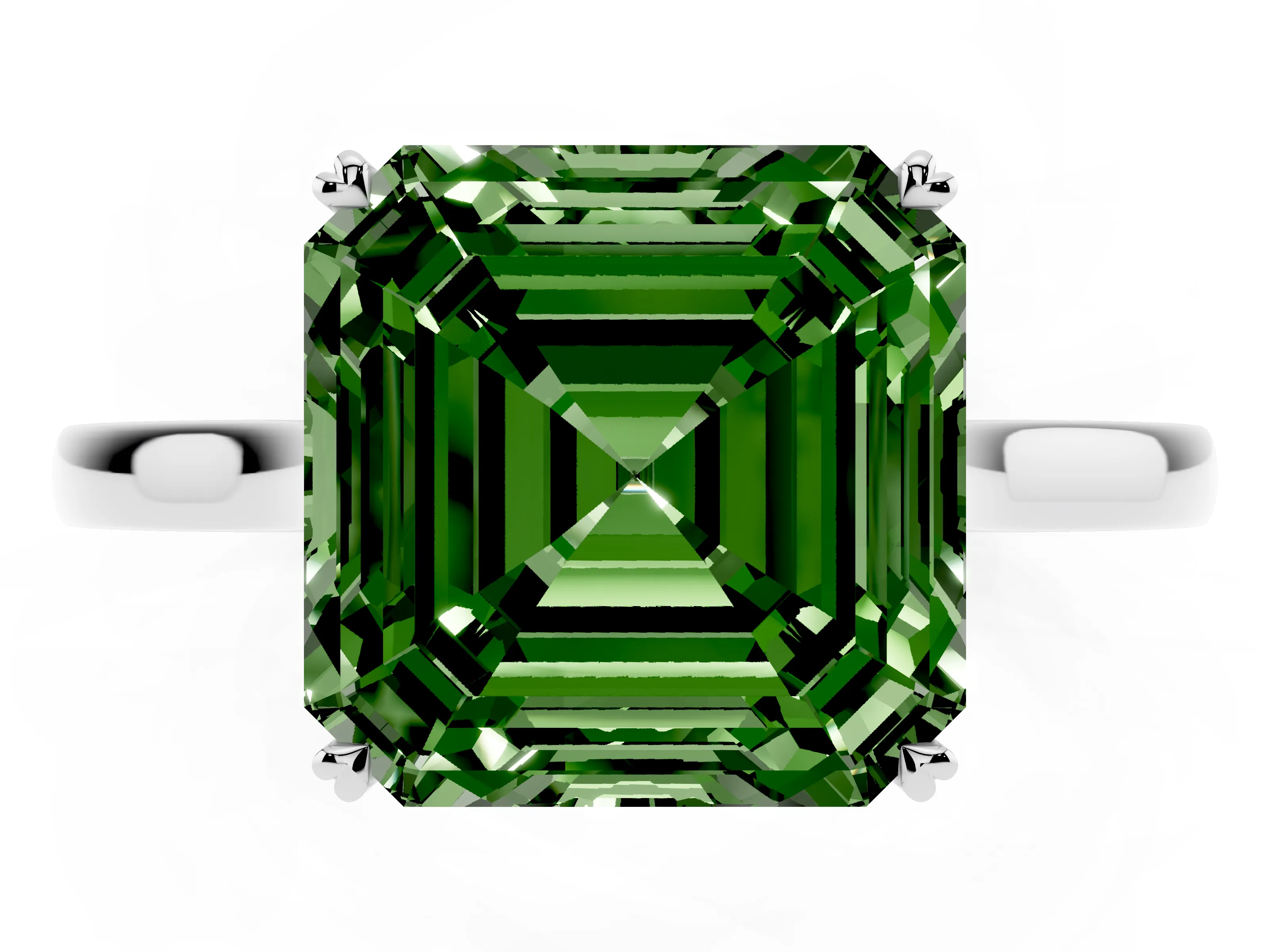 Fancy Green Asscher Cut Diamond Solitaire Heart Prong Engagement Ring Set in Platinum with Tapered Band