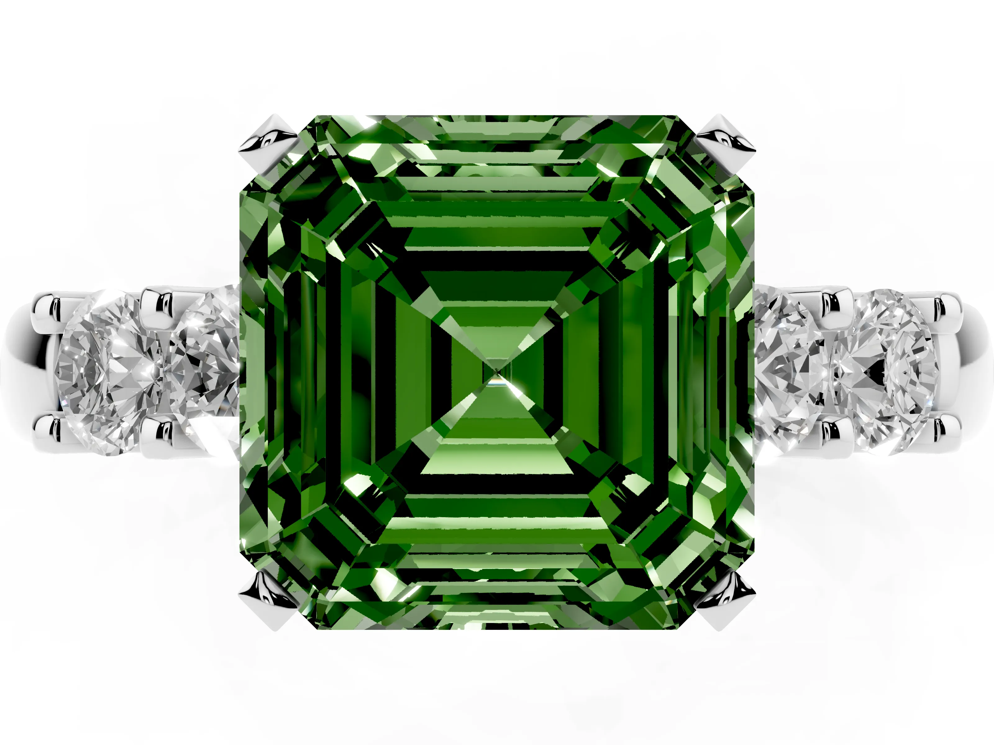 Fancy Green Asscher Cut Diamond Five-Stone Prong Set Engagement Ring Set in White gold with Channel Band
