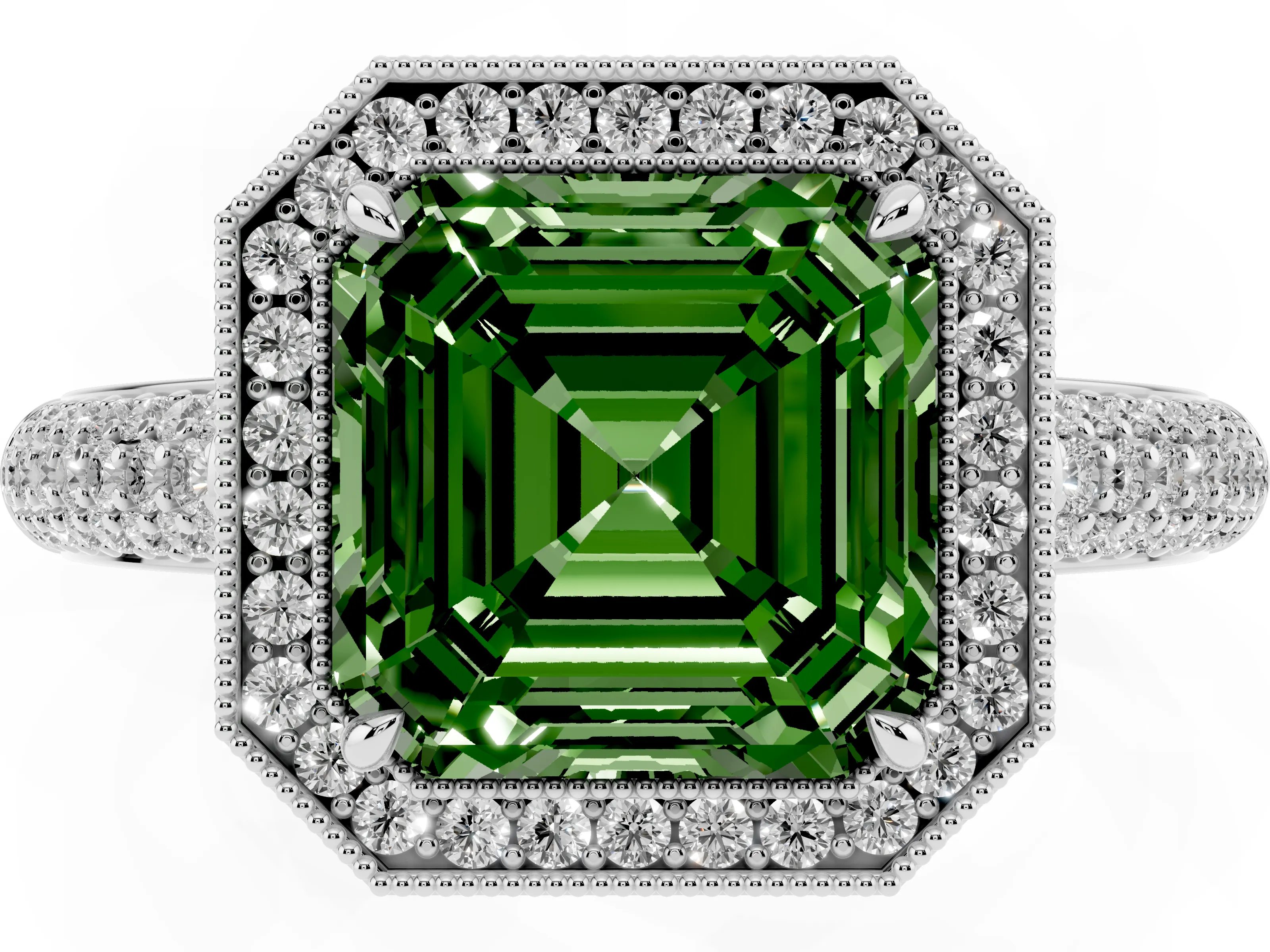 Fancy Green Asscher Cut Diamond Halo Pavé Band Set in White gold with Prong Setting