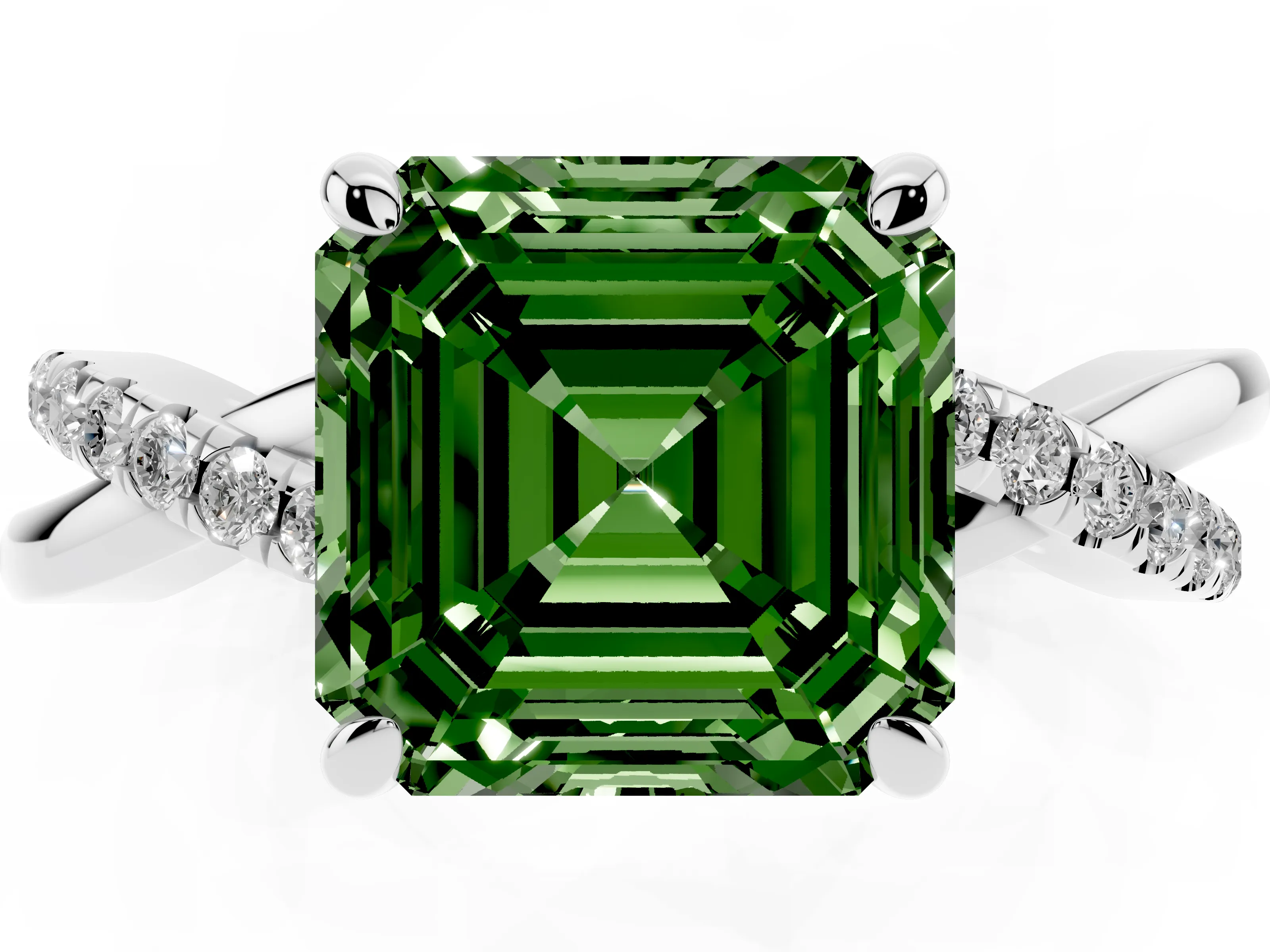 Fancy Green Asscher Cut Diamond Twist Band Pavé Solitaire Ring Set in White gold with Prong Setting