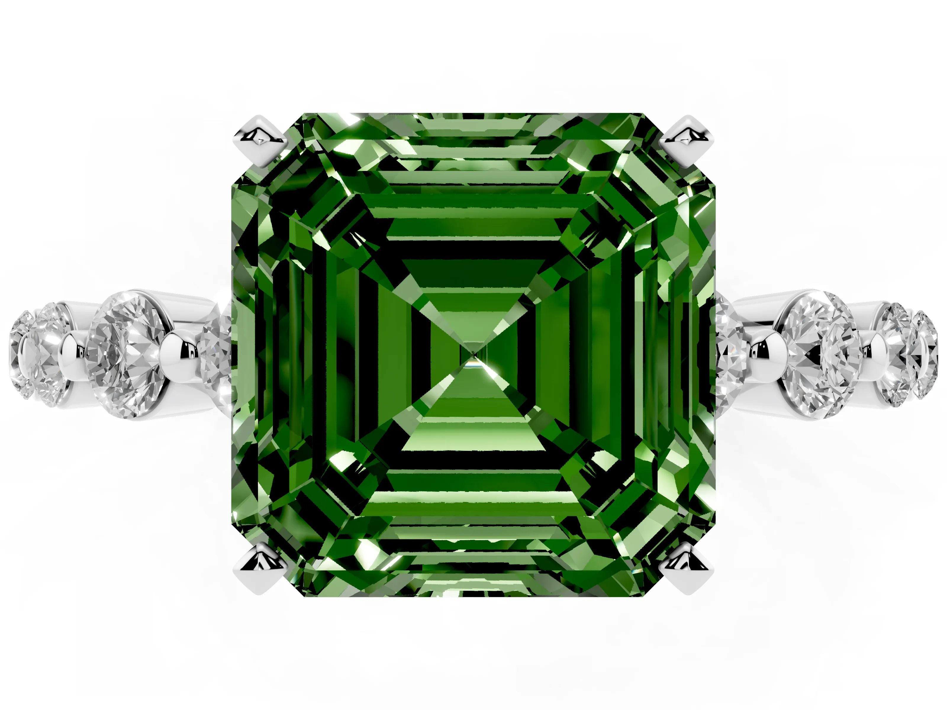 Fancy Green Asscher Cut Diamond Solitaire Ring Set in Platinum with Pavé Band and Prong Setting