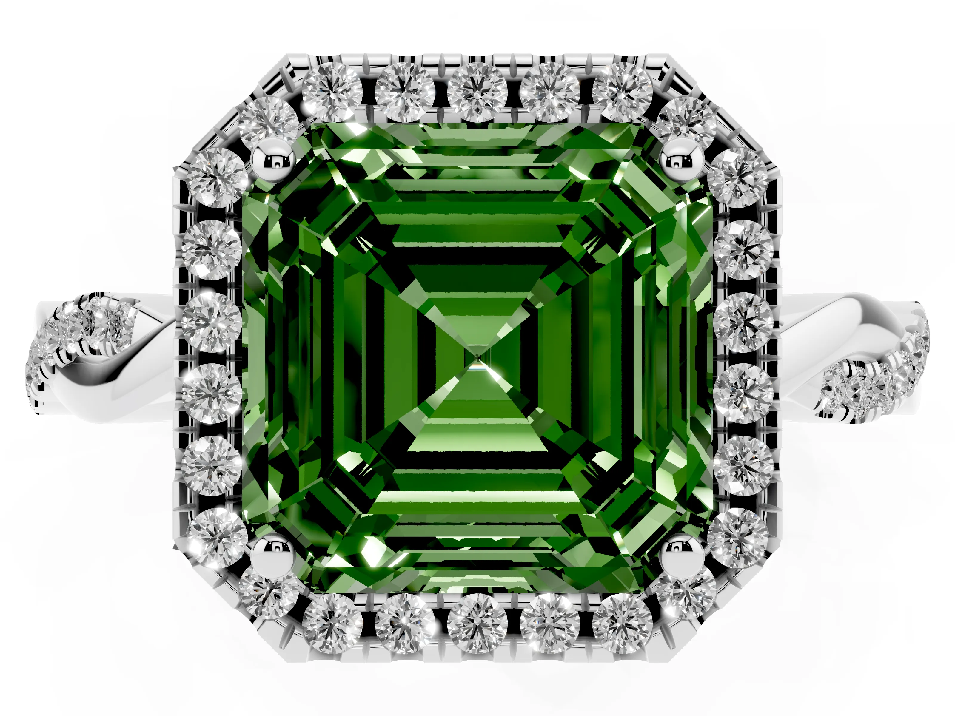 Fancy Green Asscher Cut Diamond Halo Twisted Band Ring Set in White gold with Prong Setting