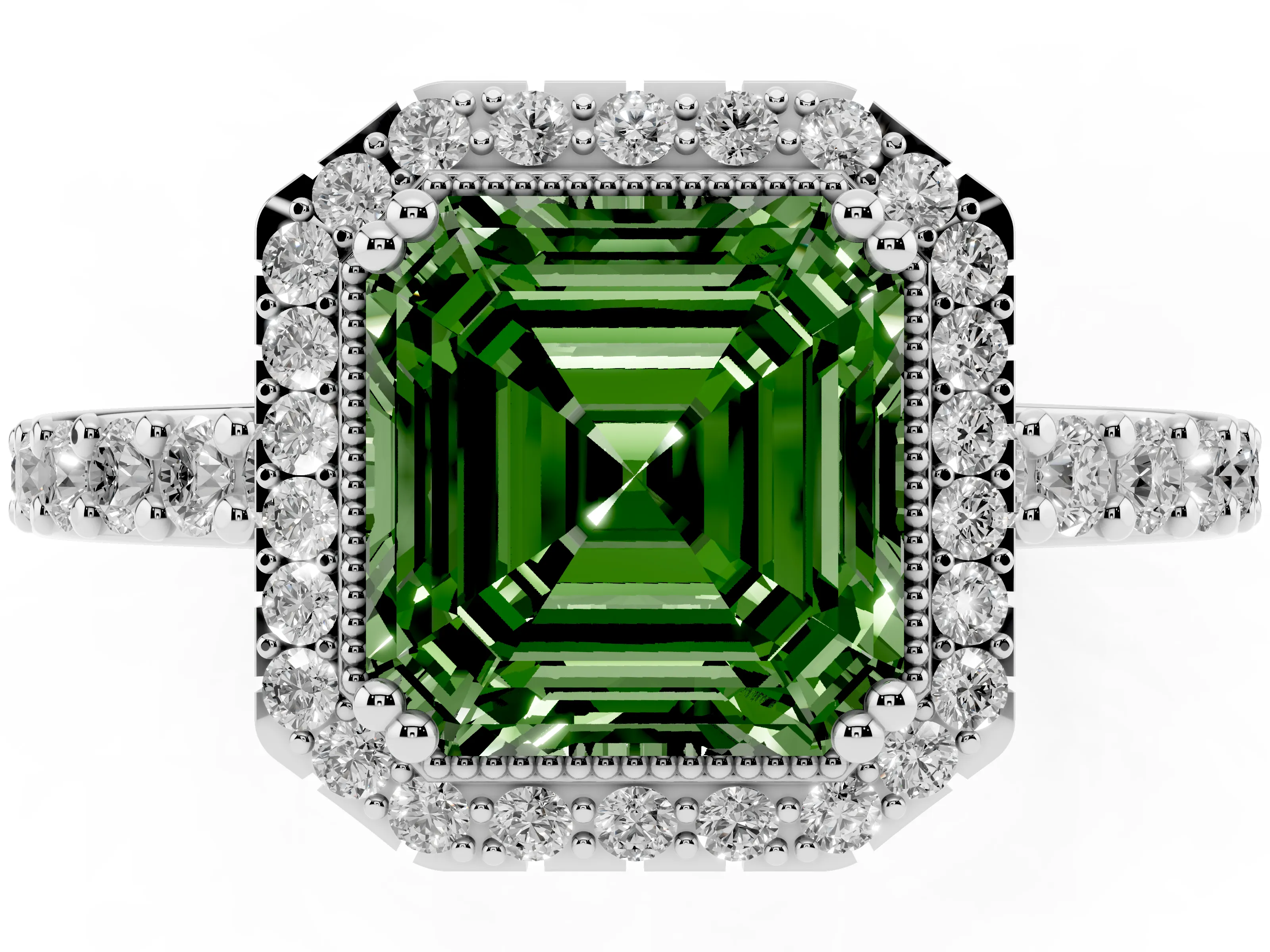 Fancy Green Asscher Cut Diamond Halo Engagement Ring Set in Platinum with Milgrain Detail and Pavé Band