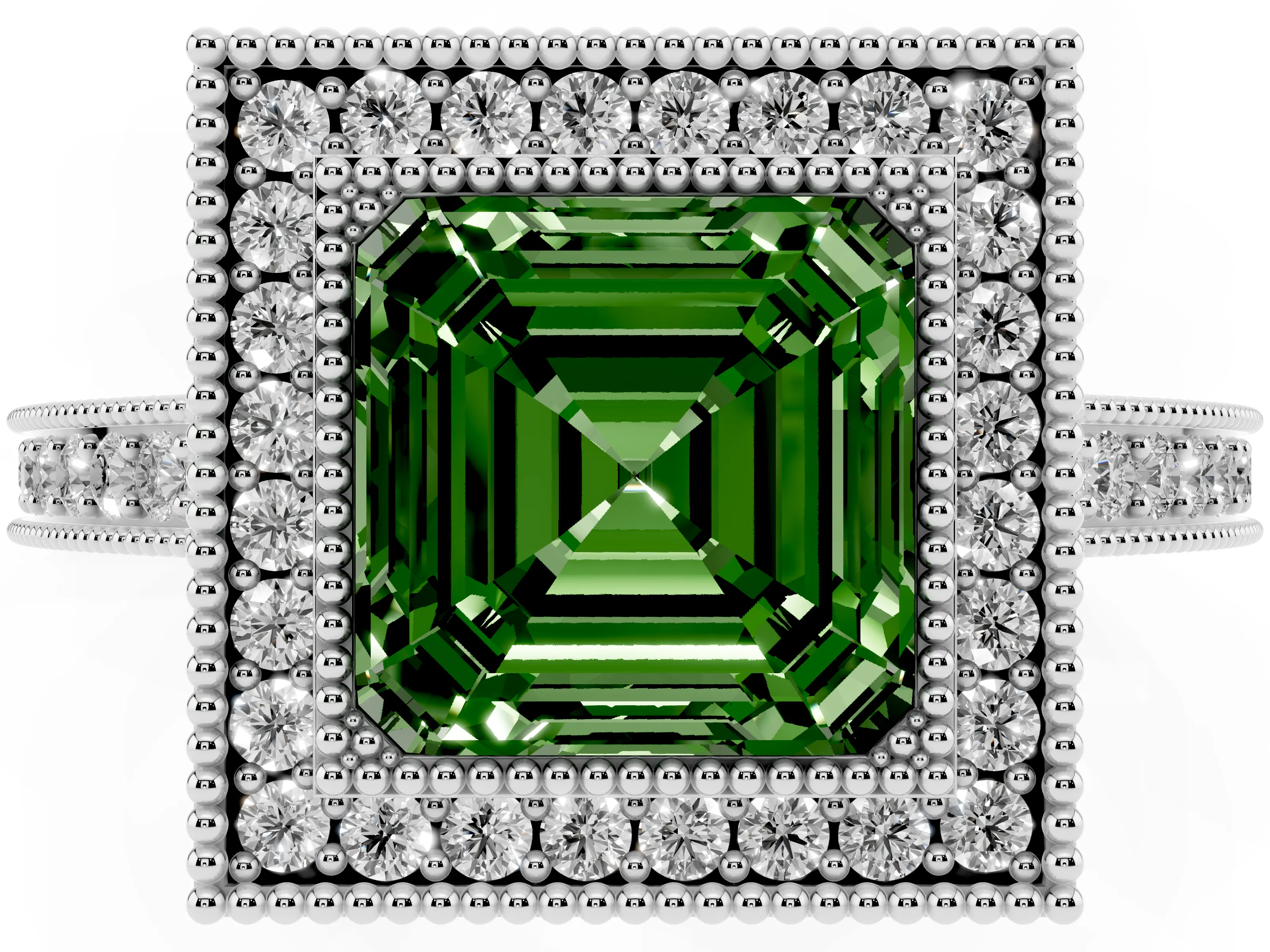 Fancy Green Asscher Cut Diamond Round Halo Ring Set in White gold with Pavé Band