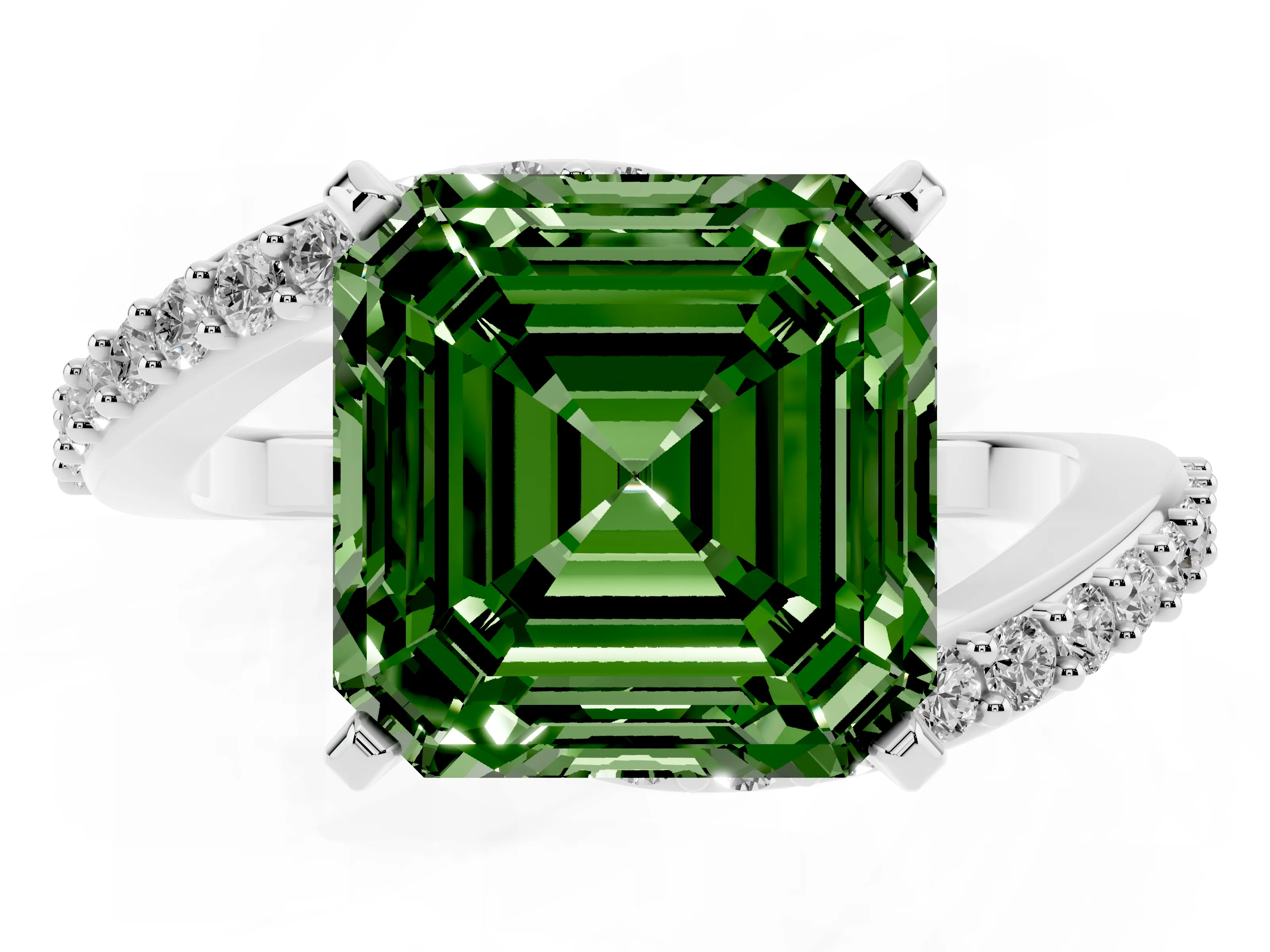 Fancy Green Asscher Cut Diamond Solitaire Ring Set in Platinum with Pavé Twist Band and Prong Setting