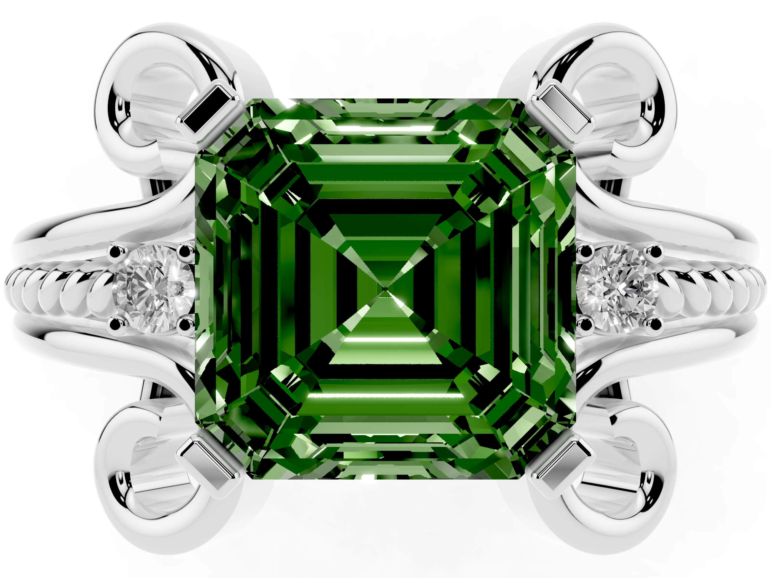 Fancy Green Asscher Cut Diamond Twisted Band Solitaire Ring Set in Platinum with Scroll Prongs